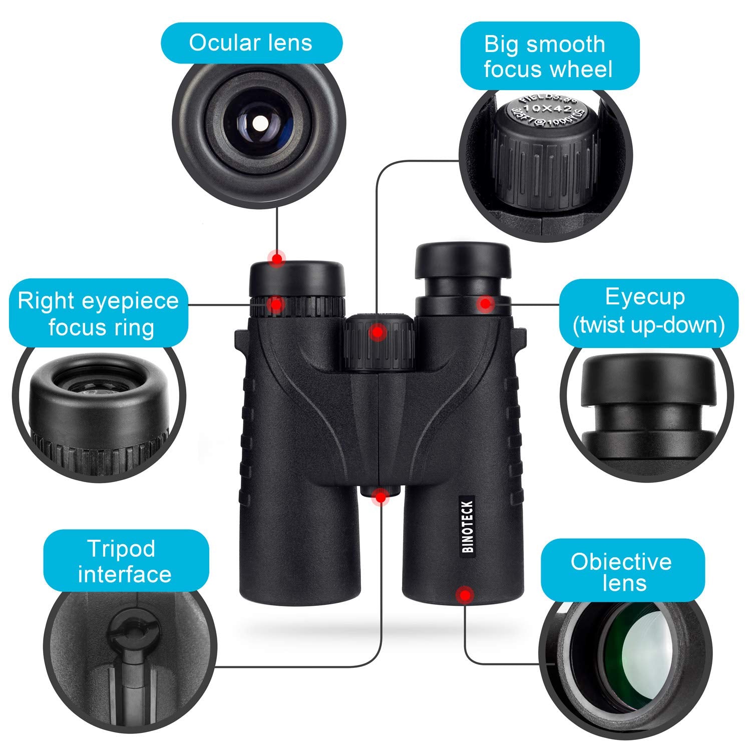 Binoteck - Prismáticos para adultos de 10 x 42 pulgadas - Prismáticos profesionales de alta definición para la observación de aves, caza, viajes, deportes, crucero, concierto, con bolsa de transporte