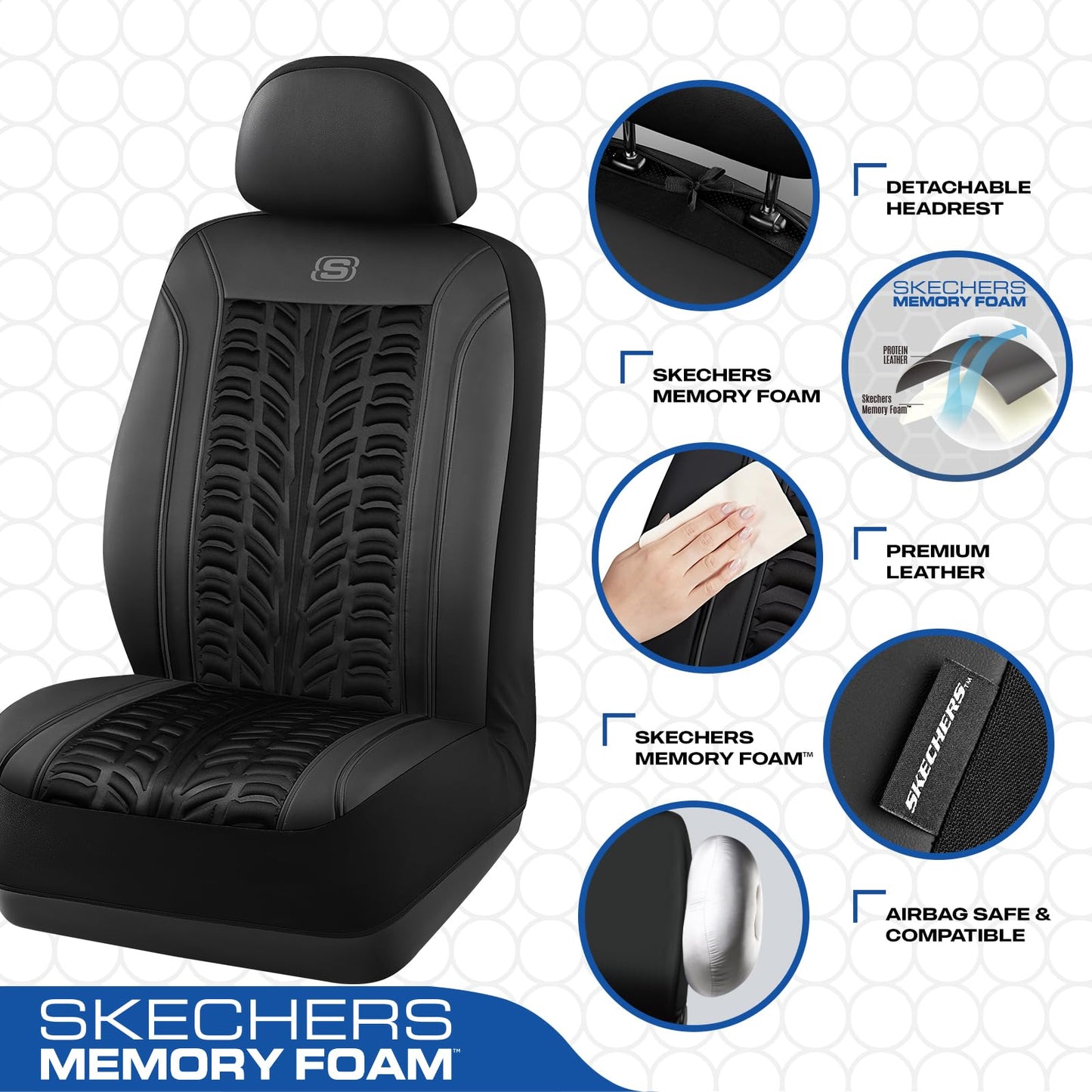 Skechers - Fundas de asiento Slip-Ins de espuma viscoelástica 3D, fundas de asiento de coche de piel en relieve, compatible con bolsas de aire, comodidad universal para la mayoría de coches