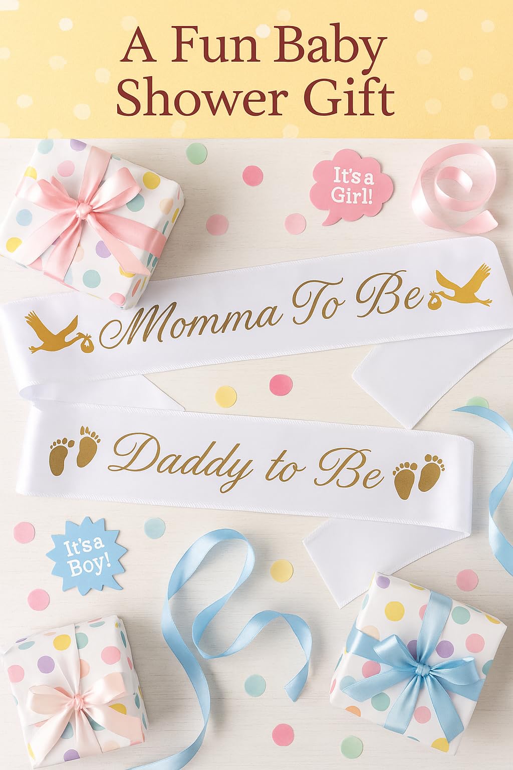 Paquete de fajas para baby shower "Momma To Be" y "Daddy To Be", con linda imagen de cigüeña (letras blancas y doradas), decoraciones para fiestas de baby shower para niñas y niños, regalos