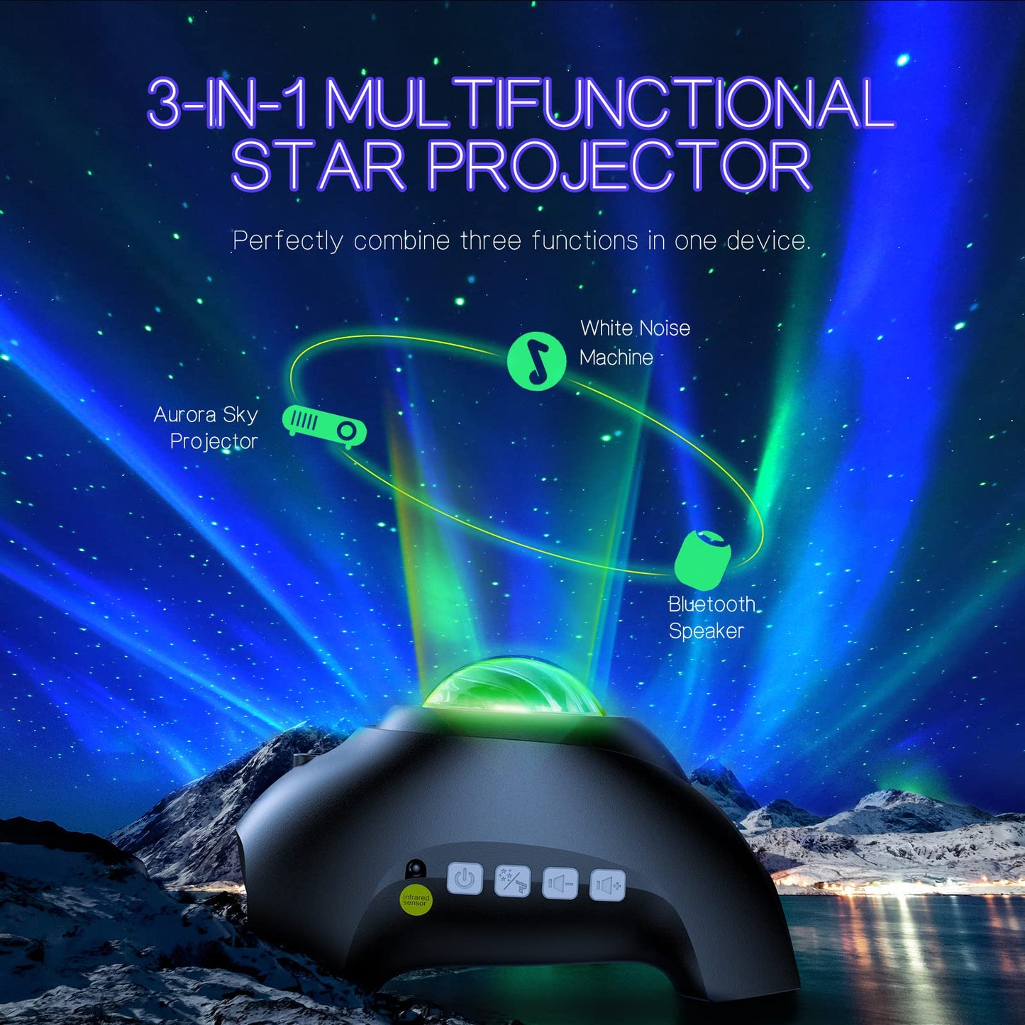 HODANS Northern Galaxy Light Aurora Proyector con 33 efectos de luz, luces nocturnas de estrella LED para recámara, lámpara de nebulosa, control remoto, ruidos blancos, altavoz Bluetooth para fiestas