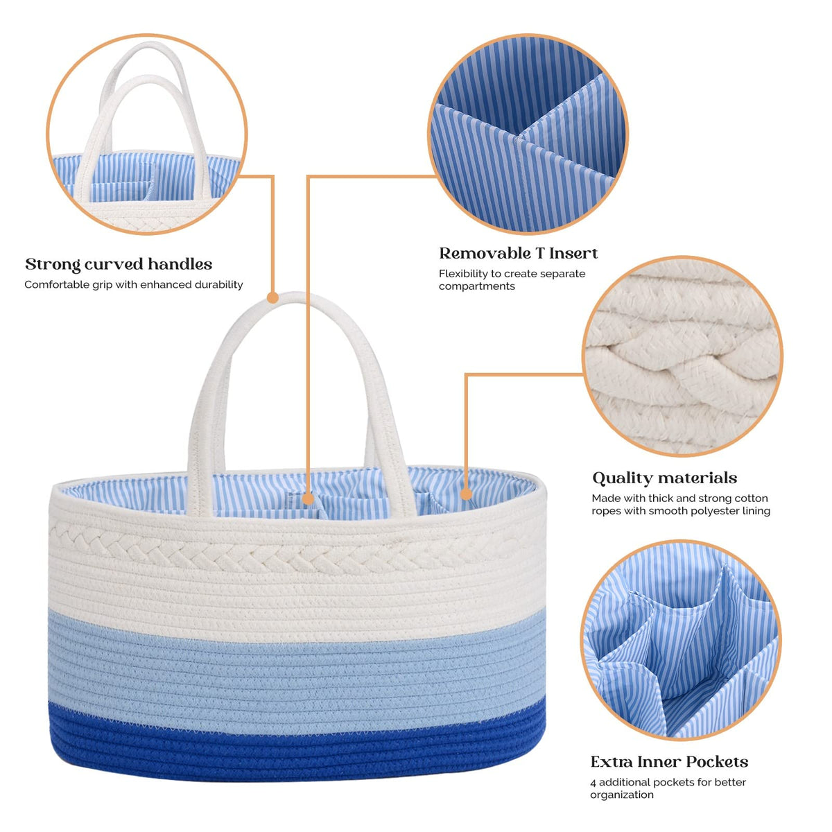 luxury little Organizador de pañales para bebé, cesta de pañales extragrande con cuerda de algodón para guardería, organizador de cambiador, bolsa portátil con divisor, almacenamiento de coche, regalos de baby