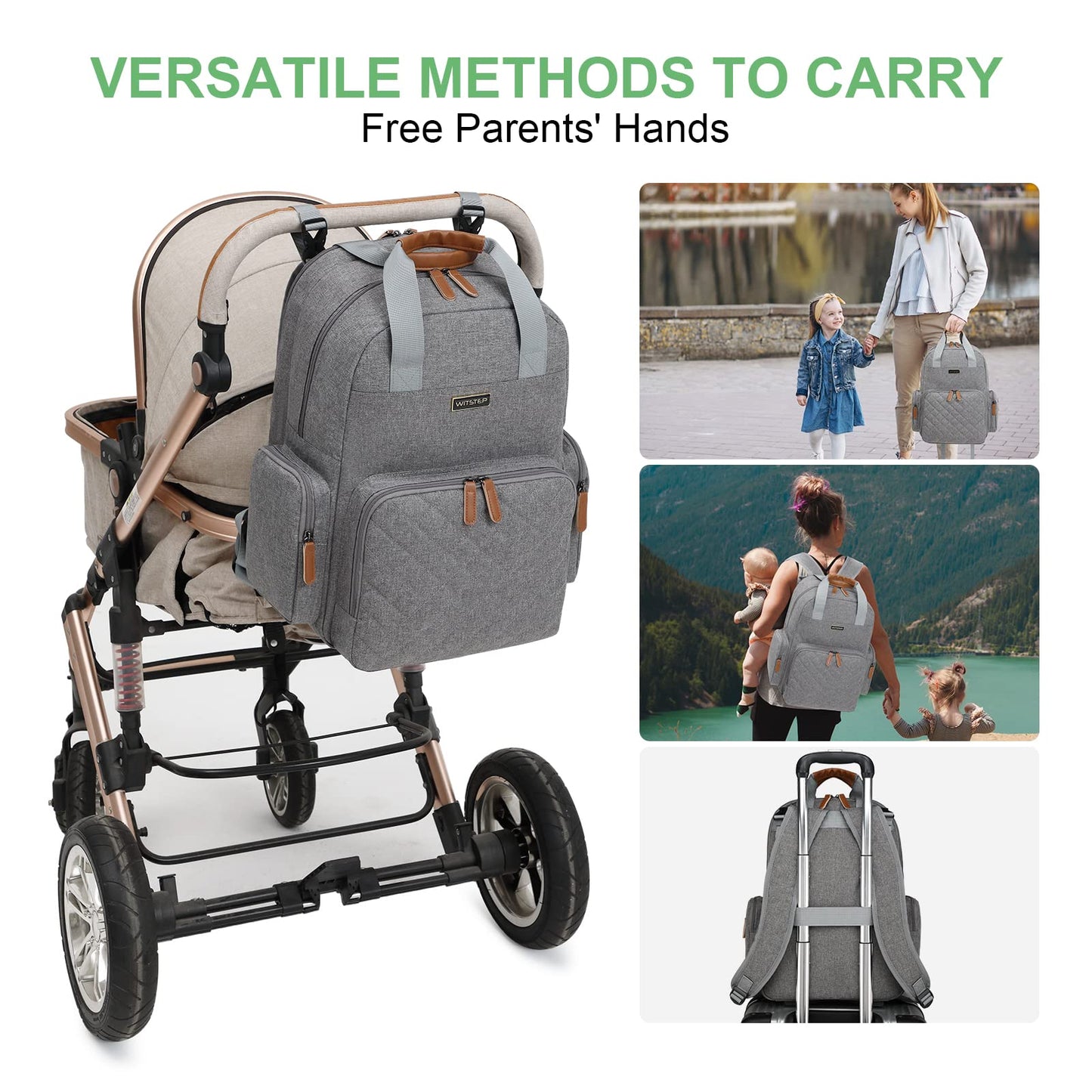 WITSTEP - Mochila para pañales con estación de cambio, organizador de pañales para bebés, para mamás, papás, bolsas grandes para cambiar de bebé, Gris, 15 x 7.5 x 19 inches, Mochila para pañales con