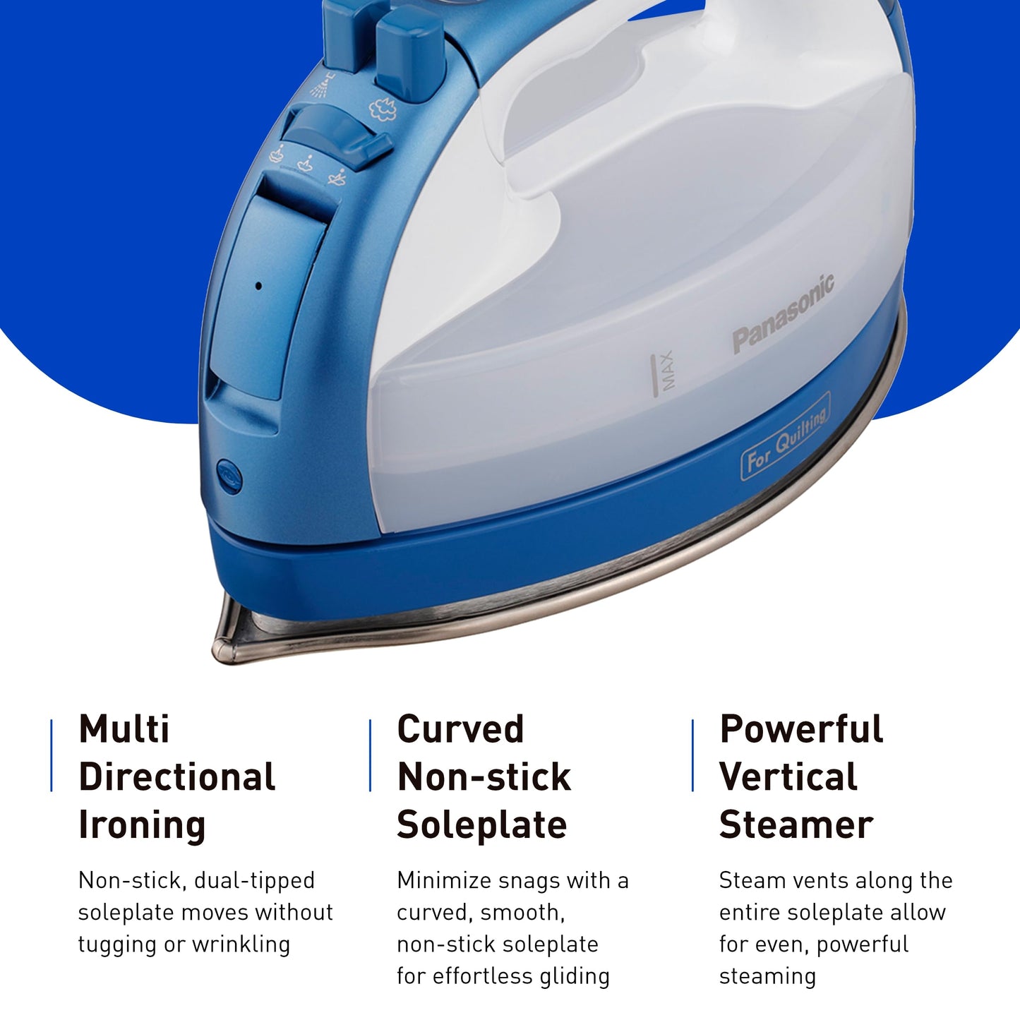 Plancha Inalámbrica Panasonic Azul 360 Grados Puntal de Precisión Suela de Acero Inoxidable Anticalc para Almacenamiento y Transporte