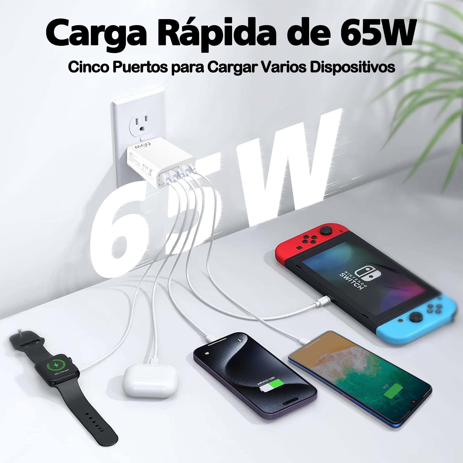 JUGLUTE Cargador 5 en 1 Portátil: 3 USB + 2 Tipo C, Cable USB-C 1.5m Incluido, Ideal para Laptop, iPad, iPhone 15/14/13, Sansung. Compacto, Seguro con Certificación y Protección Integrada