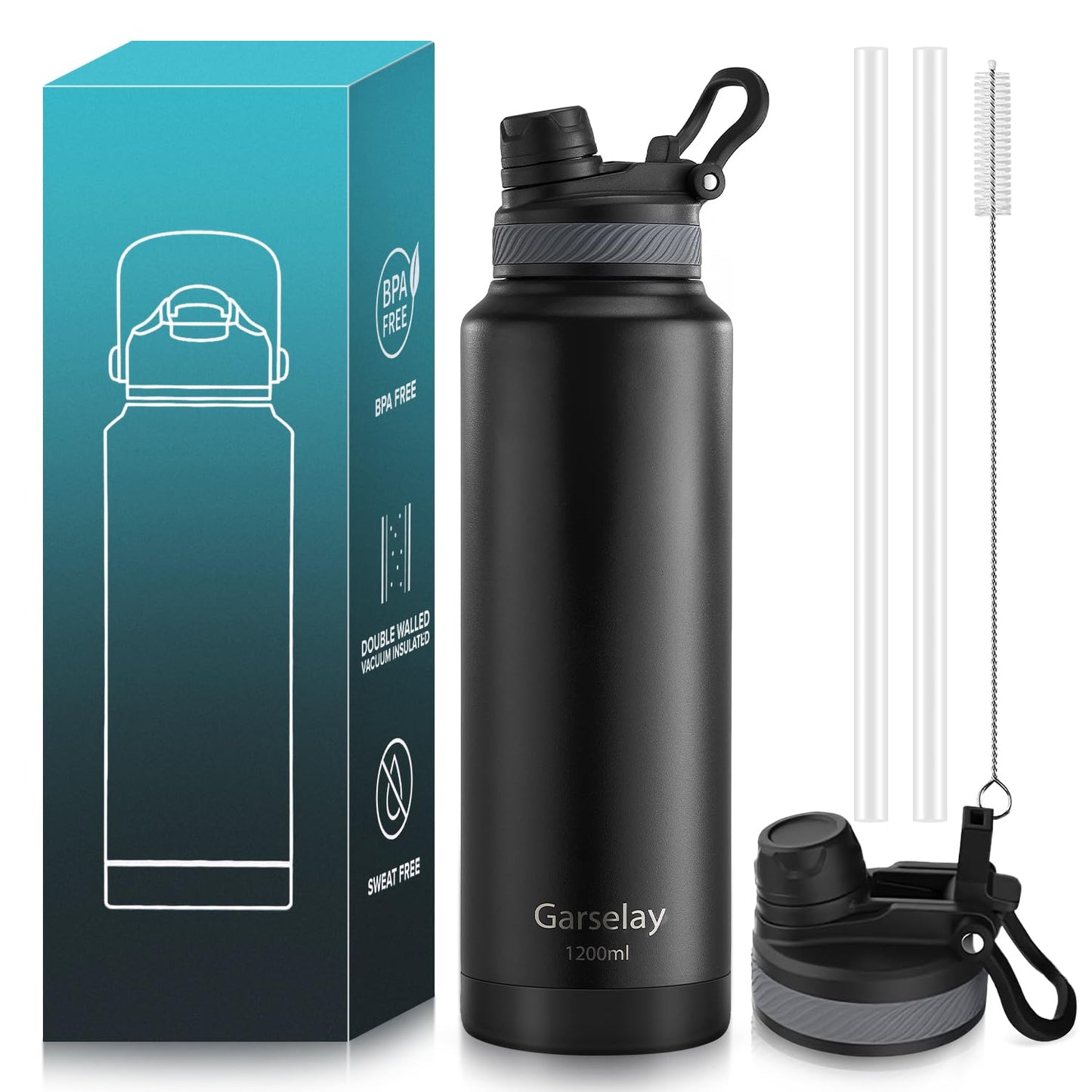 Botella Térmica de Acero Inoxidable 1200ml-Termo para Agua Fría con Tapa de Taza y Asa Portátil, Doble Aislamiento 24 Horas Frío, Sellado Hermético, Diseño Antigoteo para Deportes (Negro,1.2 Litros)
