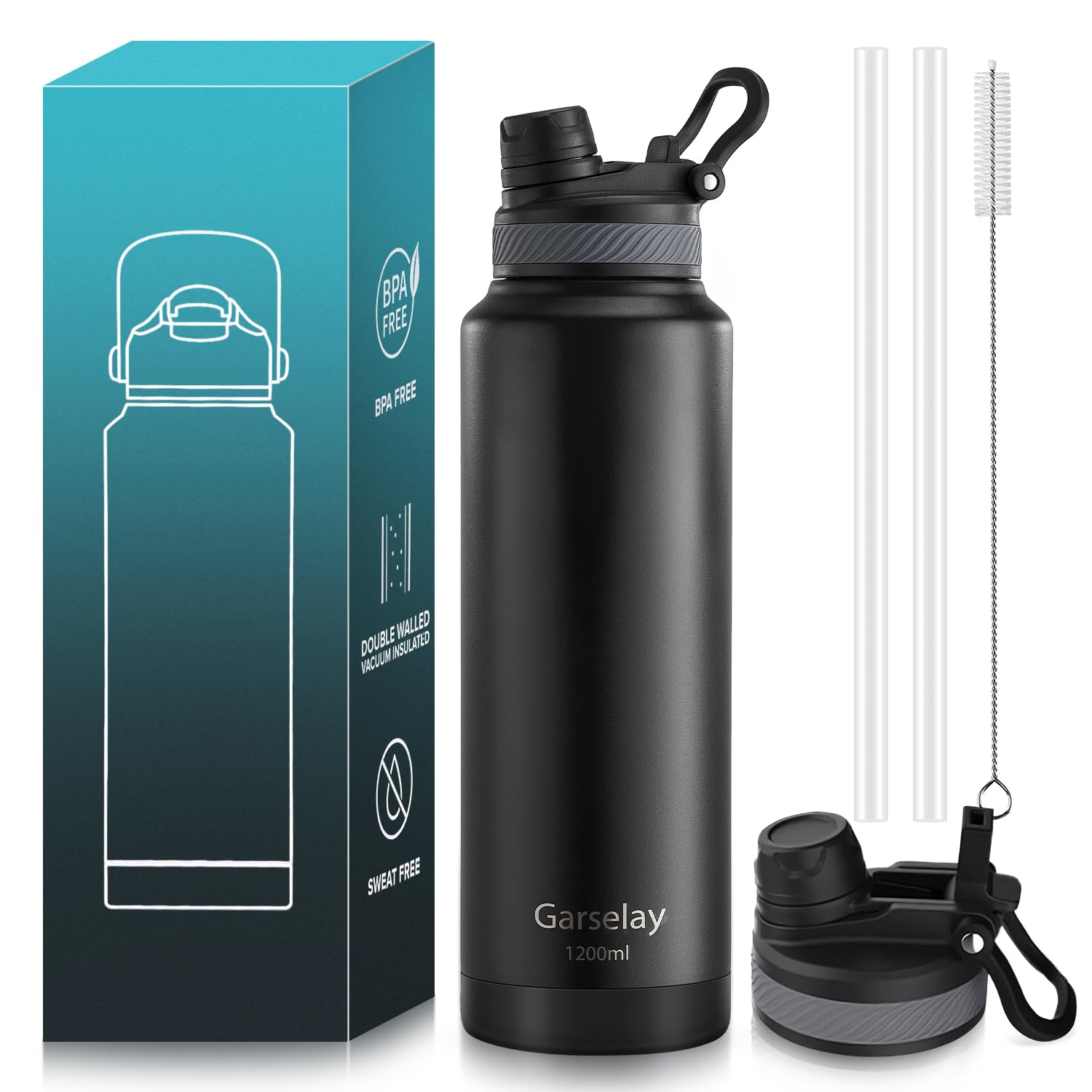 Botella Térmica de Acero Inoxidable 1200ml-Termo para Agua Fría con Tapa de Taza y Asa Portátil, Doble Aislamiento 24 Horas Frío, Sellado Hermético, Diseño Antigoteo para Deportes (Negro,1.2 Litros)