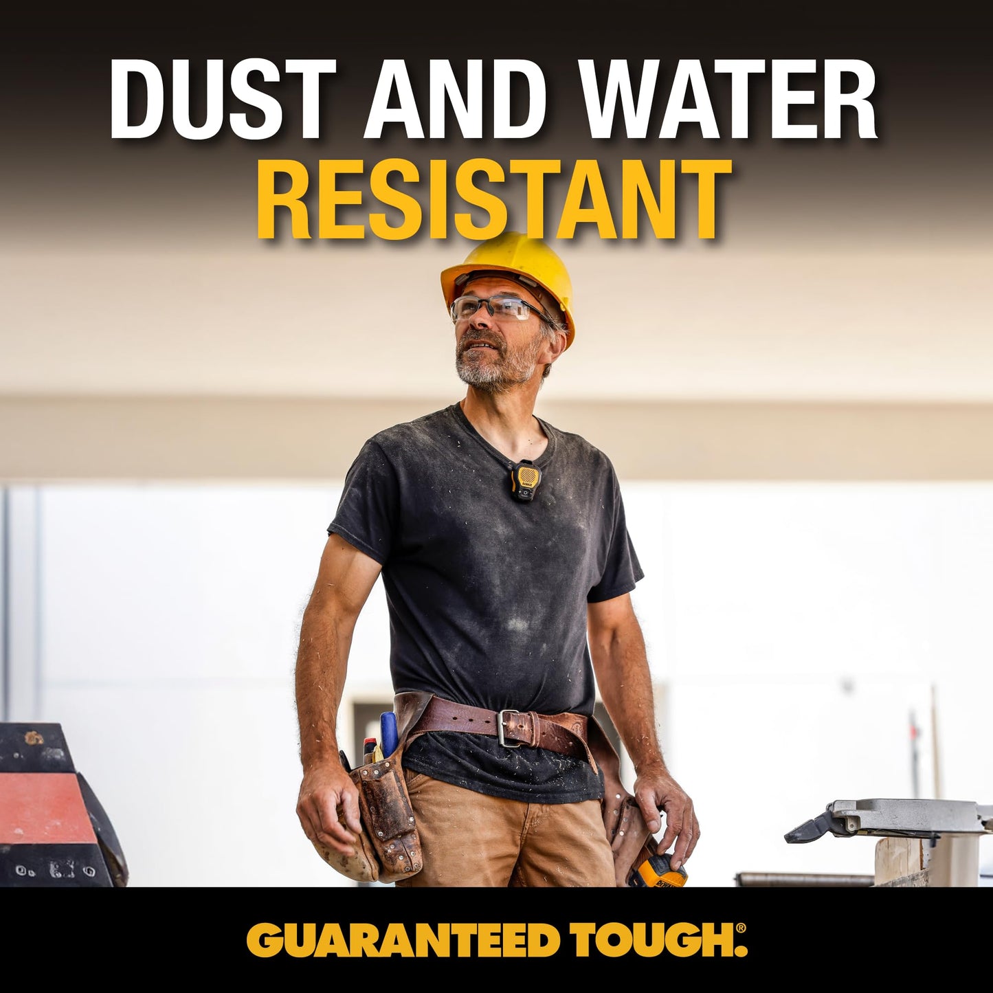 DEWALT - Bocina portátil inalámbrica Bluetooth (versión actualizada) con clip Jobsite Pro, resistente al agua, no magnético, micrófono incorporado para música y llamadas con manos libres