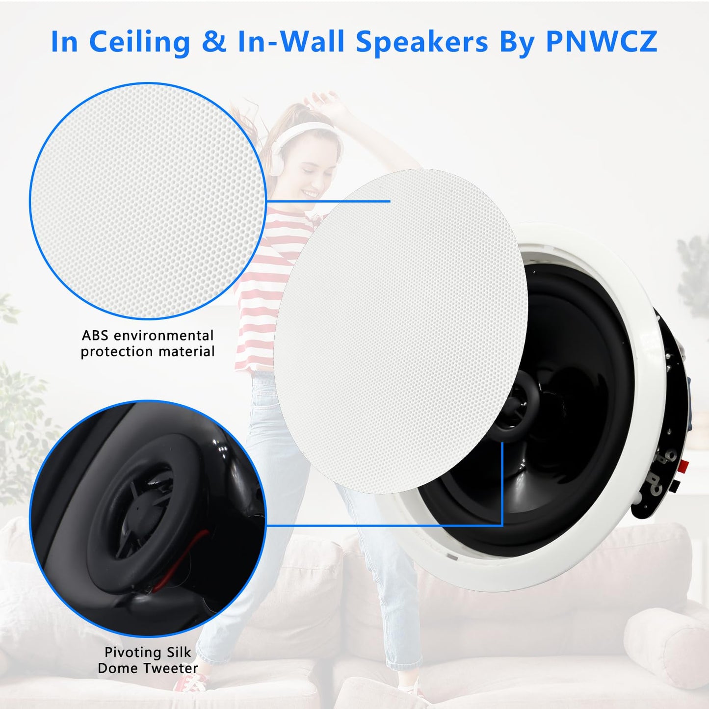 PNWCZ - Altavoces Bluetooth en el techo de 6.5 pulgadas en la pared, 600 W, sistema de altavoces de montaje empotrado de 2 vías con receptor amplificador de pared para cine en casa, oficina, baño,