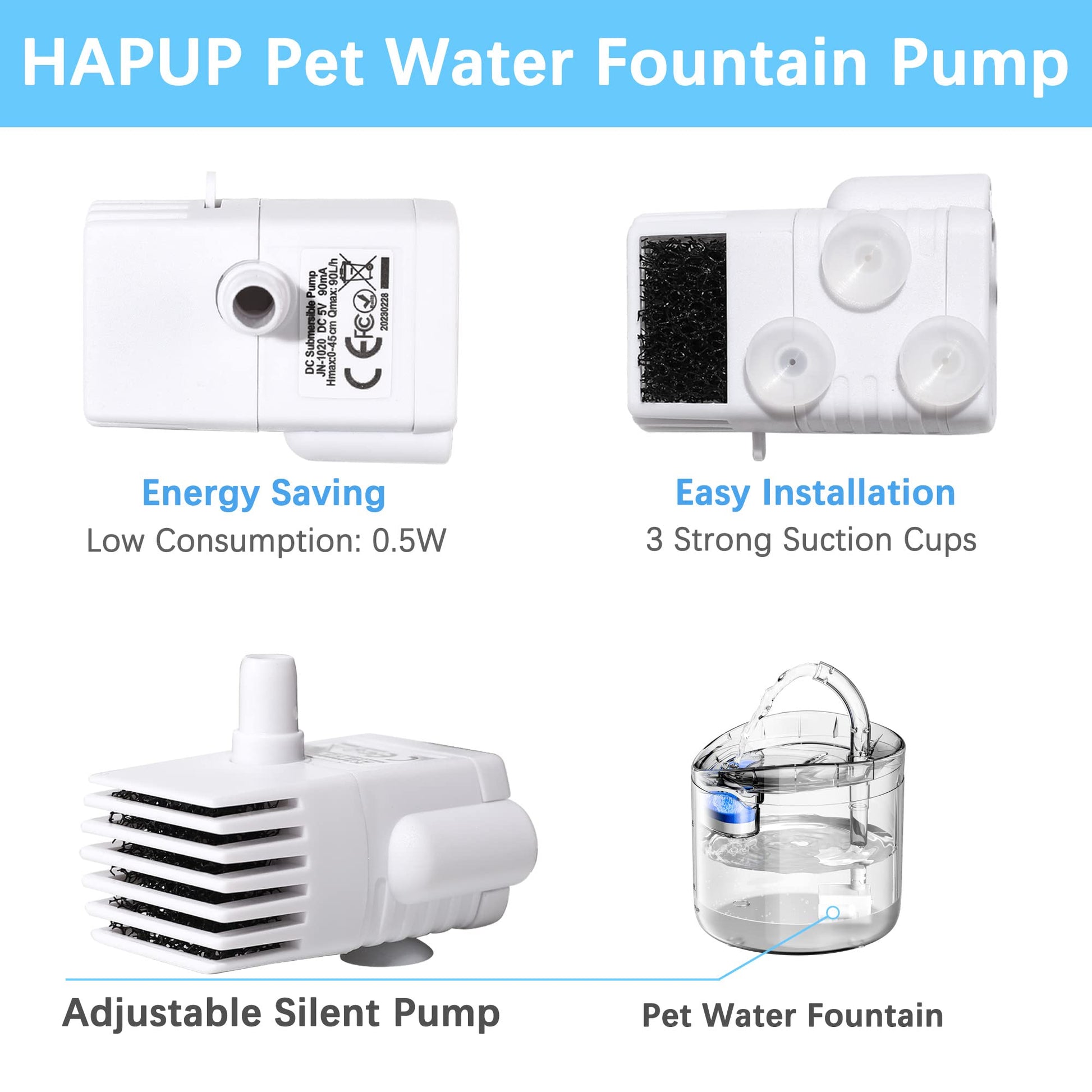 HAPUP - Bomba de fuente de agua para gatos silenciosa DC5V original para mascotas (170 L/H) con cable de alimentación USB de 6.5 pies para agua HAPUP para perro, fuente de agua hidropónico de tanque