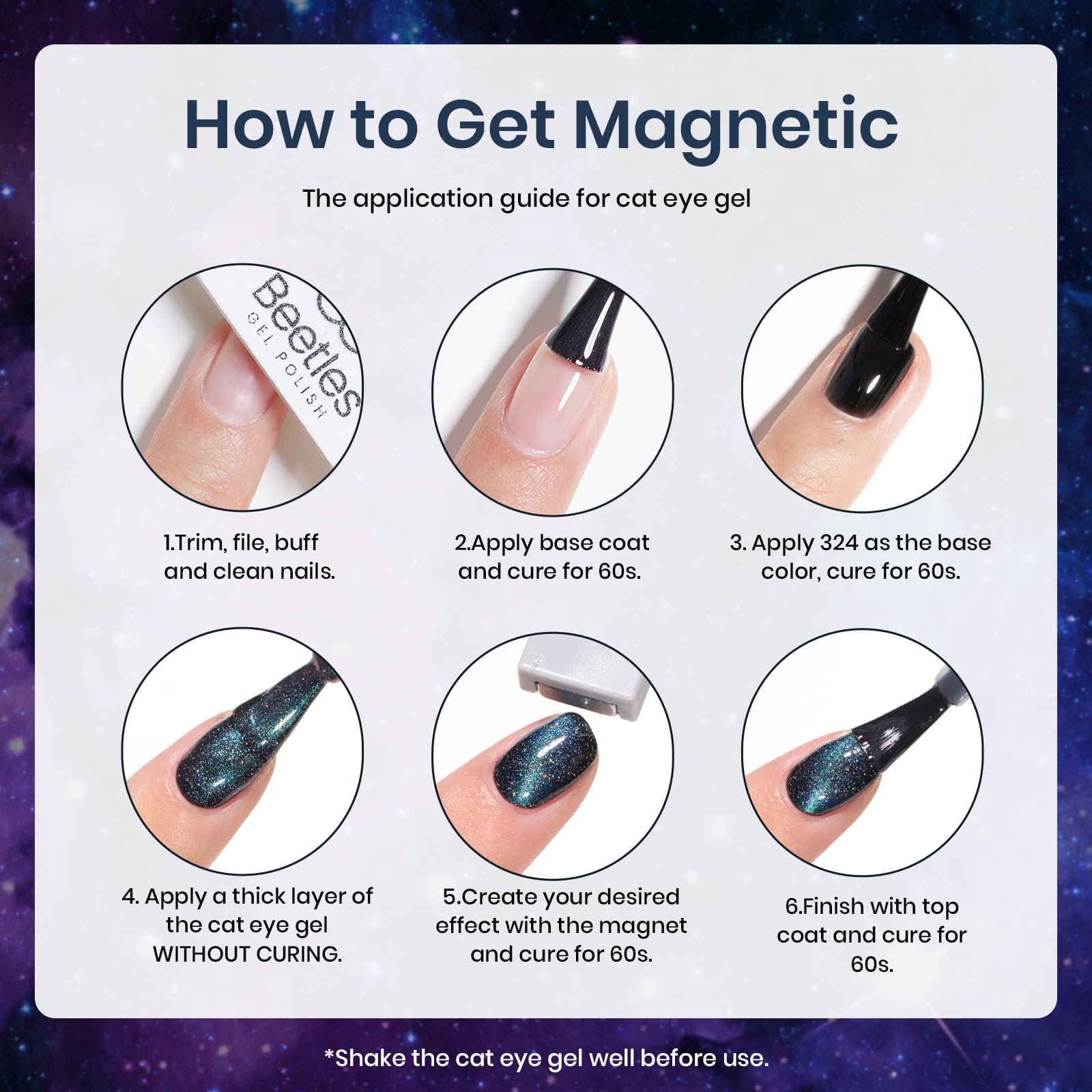Beetles Milky Way - Juego de esmaltes de uñas de gel con purpurina, 6 unidades, color negro, morado, azul, galaxia, lámpara UV, ojos de gato, imán que cambia de color, gel camaleón fantasma brillante, regalo para mujeres y niñas