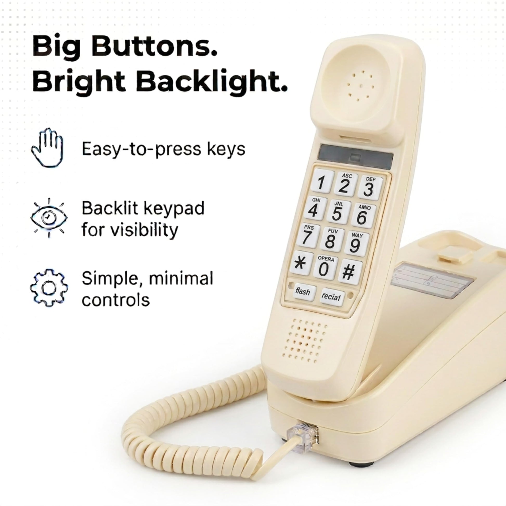 Teléfono con cable de botón grande iSoHo para personas mayores – Fijo fácil de usar con teclado iluminado, auricular ergonómico y sin necesidad de energía – Teléfono retro para el hogar para personas