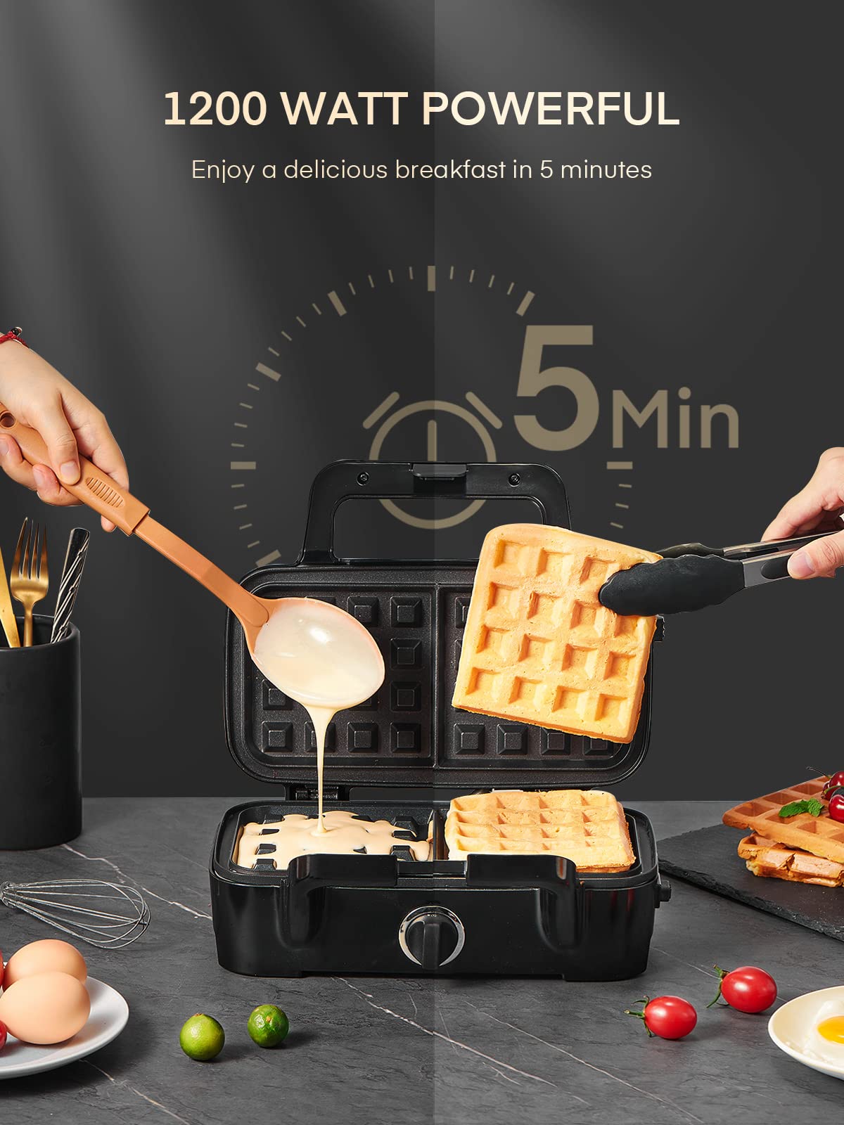 FOHERE Waffle Maker 3 en 1 Sandwichera Prensa Panini de 1200 W con placas extraíbles y control de temperatura de 5 engranajes, revestimiento antiadherente, fácil de limpiar, luces indicadoras,