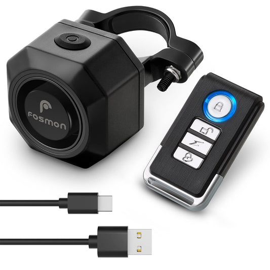 Alarma de Bicicleta Fosmon Negra Recargable USB-C Antirrobo Inalámbrica 110 dB Impermeable para Bicicleta y Scooter