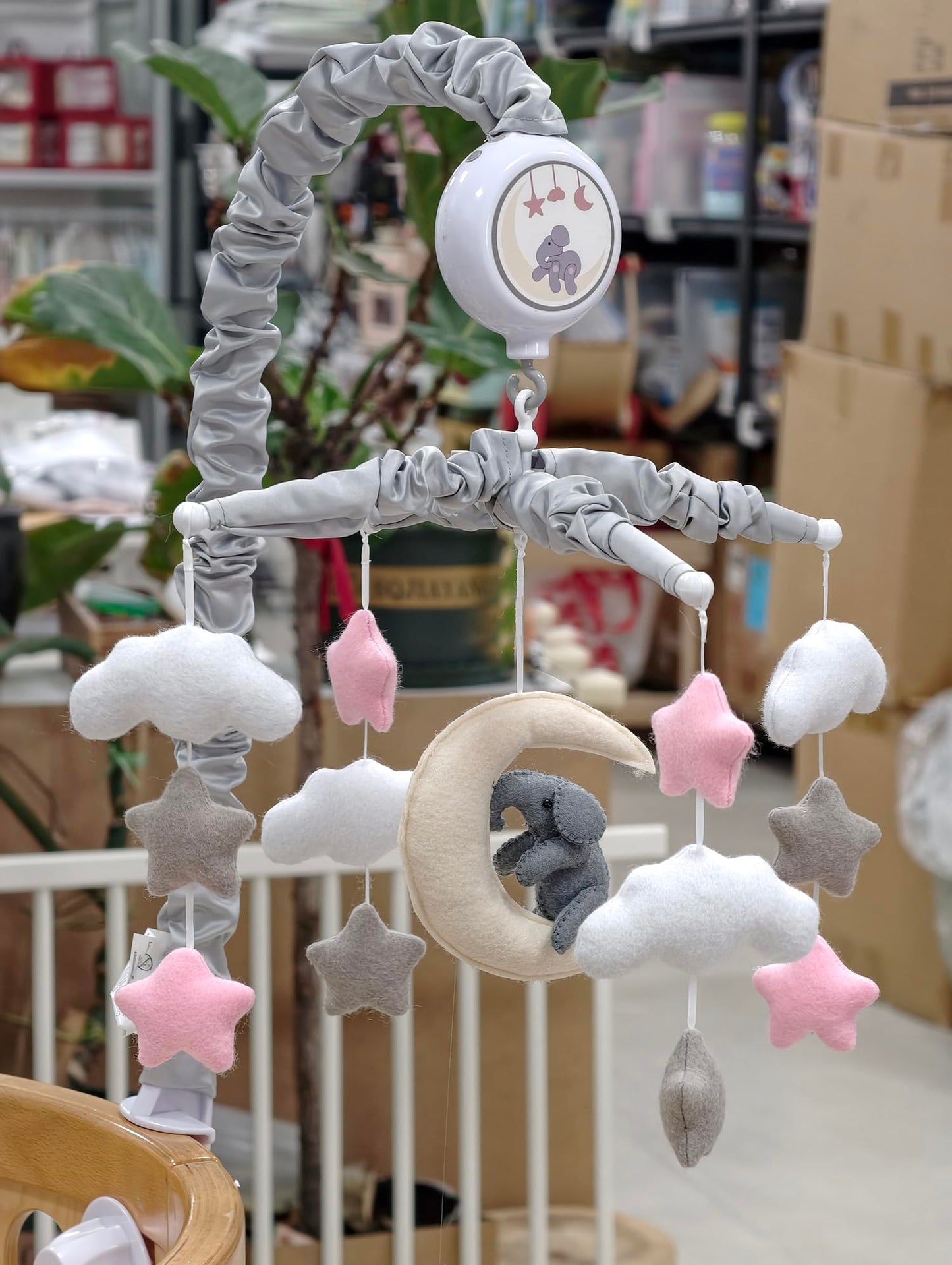 Móvil para cuna con elefantes, nubes y estrellas, caja de música móvil para cuna musical con 12 canciones de cuna (Elefante Baby Mobile)