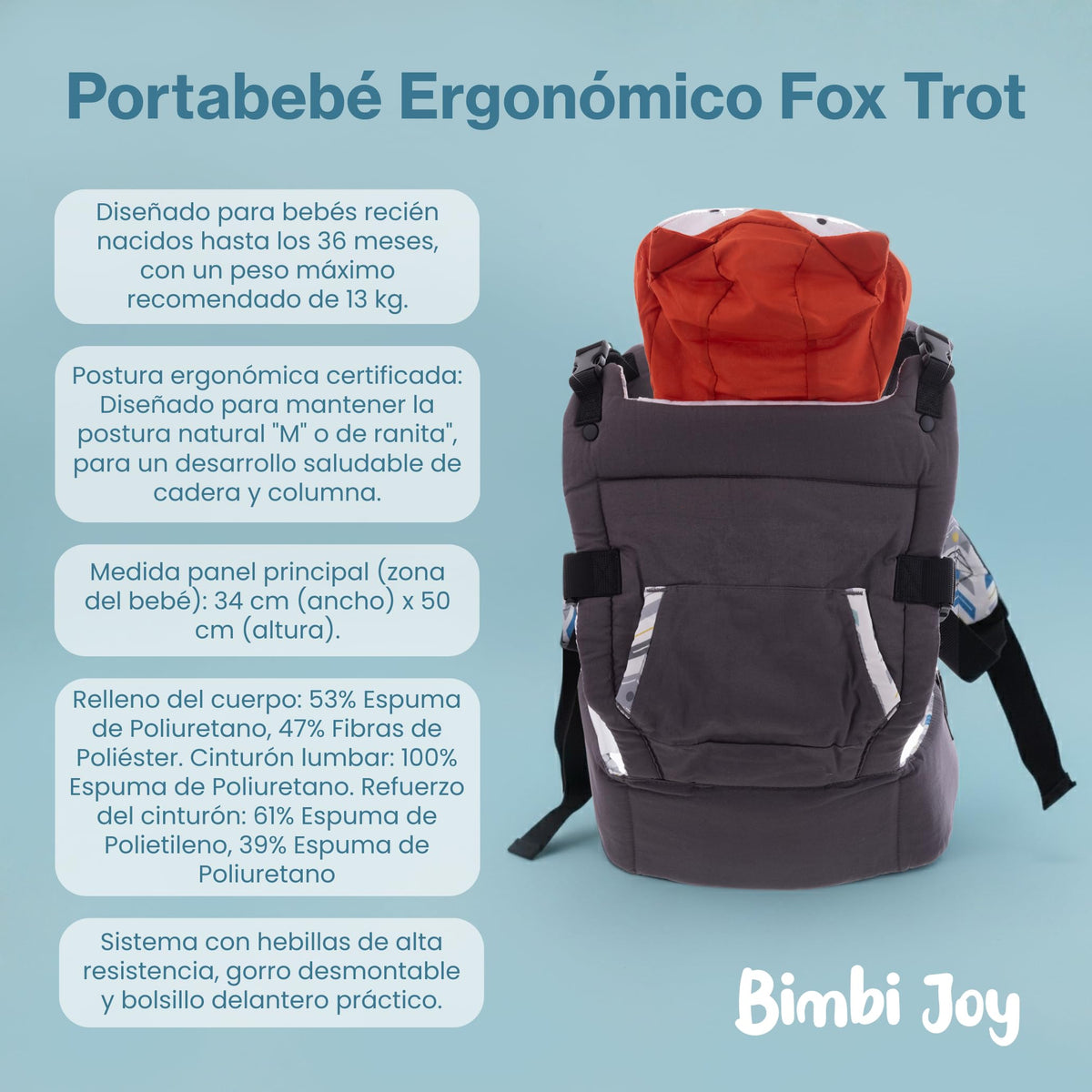 Bimbi Joy Portabebé Ergonómico Fox Trot – Cangurera para Bebé 3–36 Meses Ajustable y Mochila Ergonómica
