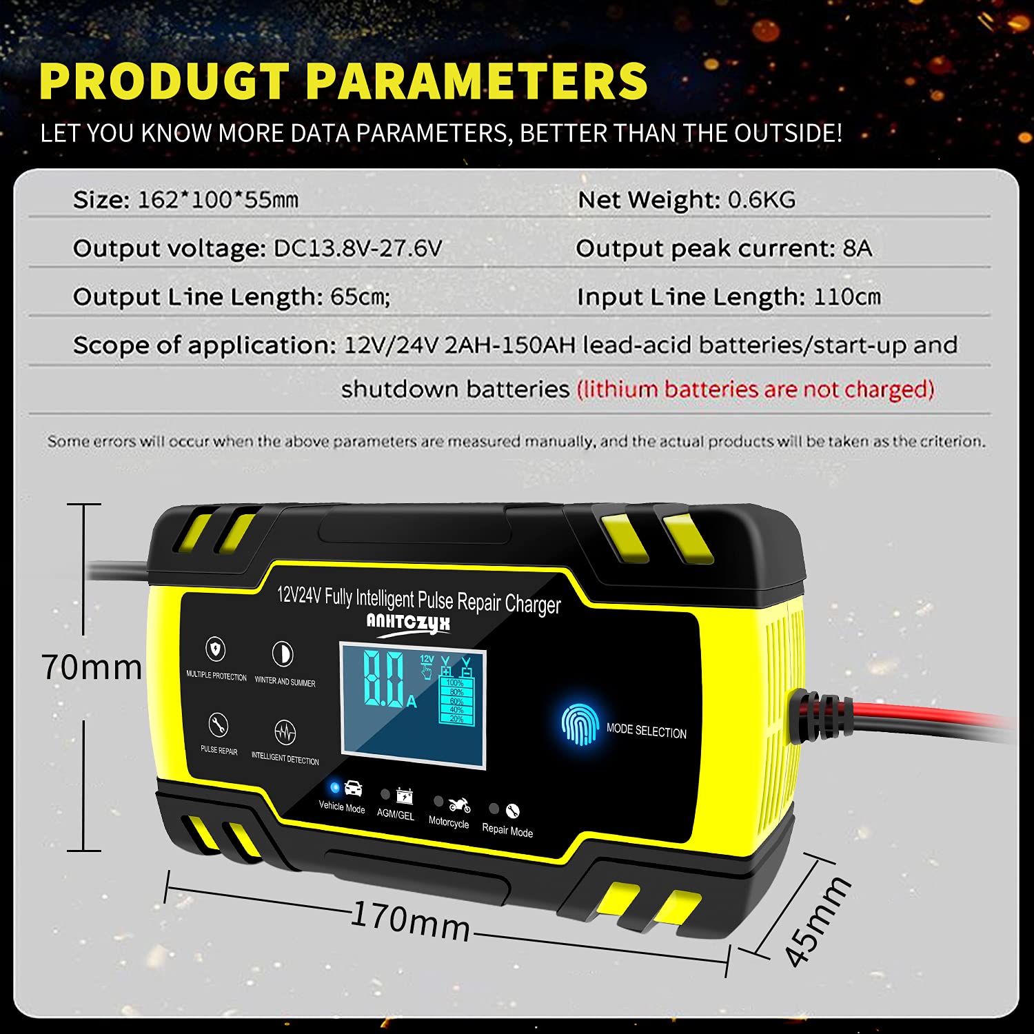 Cargador de Batería Coche Moto, 24V/4A 12V/8A Automático Inteligente Cargador de Batería con LCD Pantalla, Cargador de Reparación de Pulso para Automóviles,Motocicletas,ATVs,RVs,Barco,Excavador,Camión