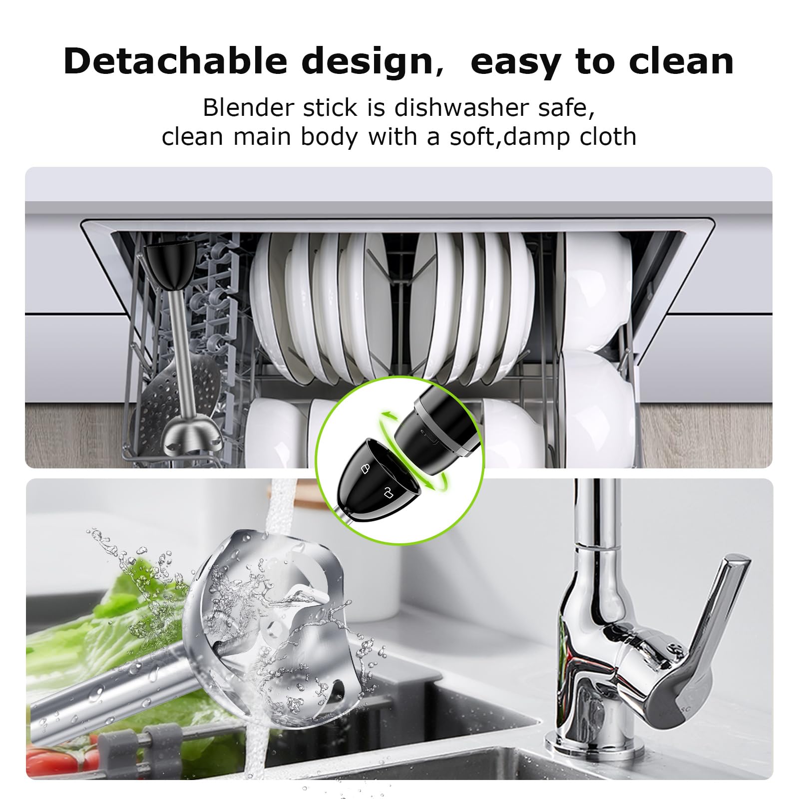 Bonsenkitchen Batidora de mano con 2 velocidades de mezcla, batidora de mano eléctrica portátil con cuchillas de acero inoxidable para sopa, licuado, puré, comida para bebés