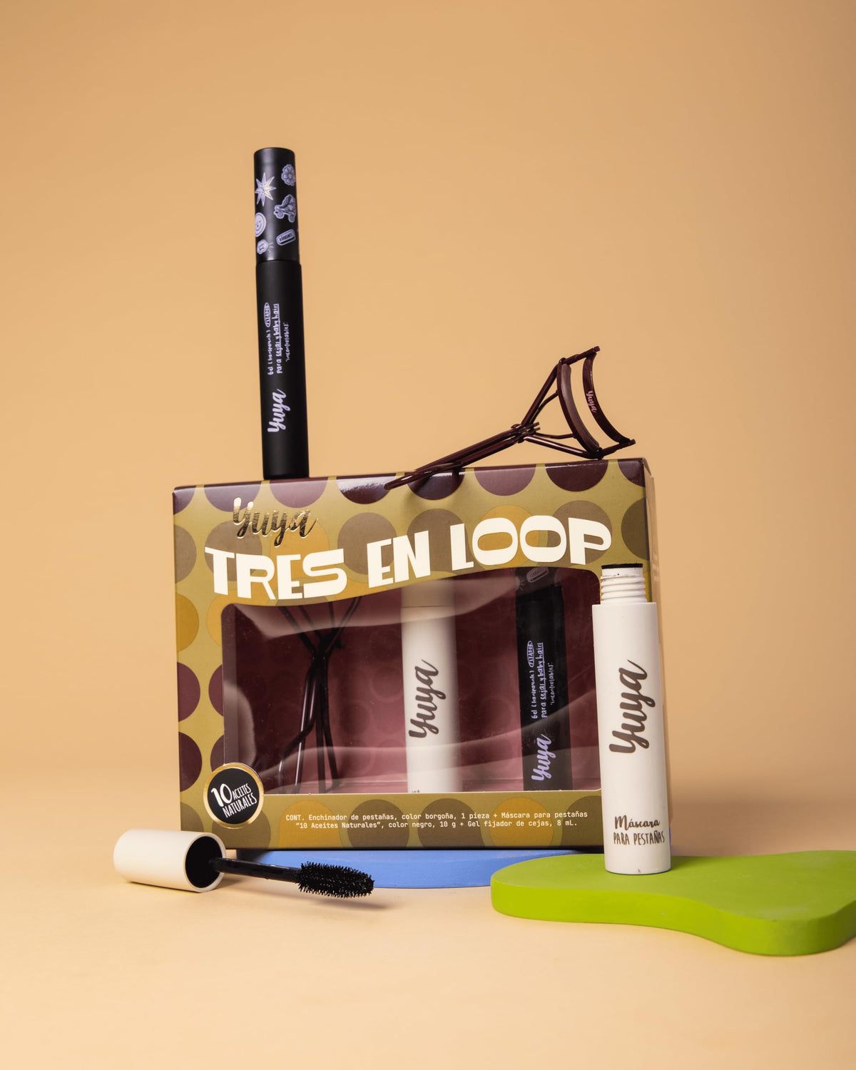 YUYA Tres en Loop Set Enchinador de Pestañas Borgoña + Máscara 10 Aceites Naturales Negra 10 g + Gel Fijador de Cejas 8 ml | Pestañas Largas, Curvatura Natural, Volumen y Definición | Fijación de Cejas y Baby Hairs con Acabado Natural