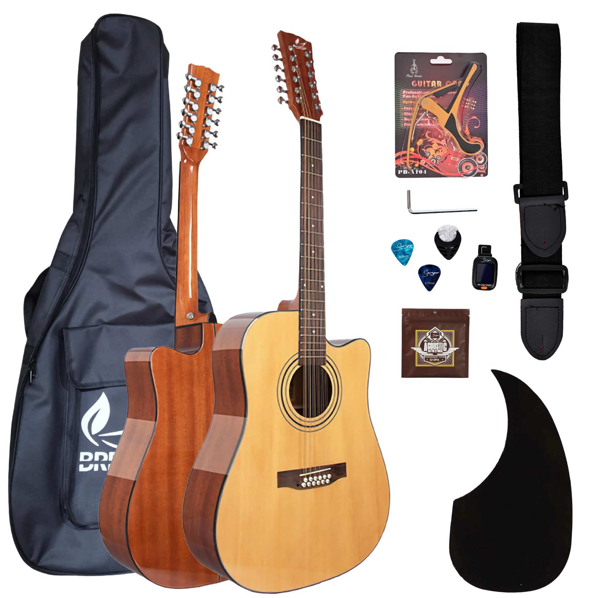 BREEZEE Guitarra Acústica Docerola de 42 Pulgadas, Guitarra de 12 Cuerdas, Incluye Kit de Accesorios, Funda Transportadora, Capo, Correa, Plumillas, Afinador y Más, Guitarra De Abeto Resistente