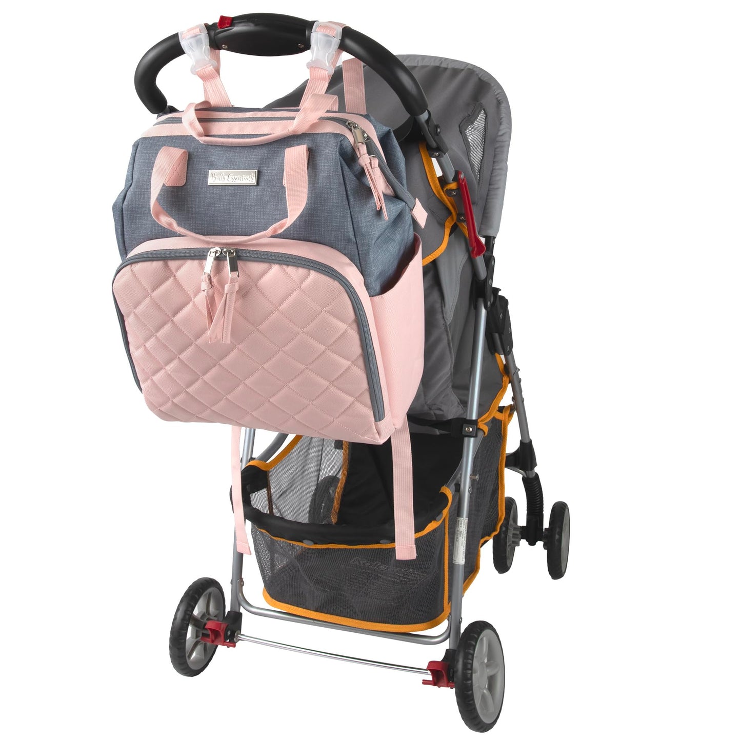 Baby Essentials - Mochila de pañales con marco principal súper enfriadora con cambiador, correas para carriola, compartimento aislado para botellas, Rosado/Gris, Mediano, Mochila para pañales