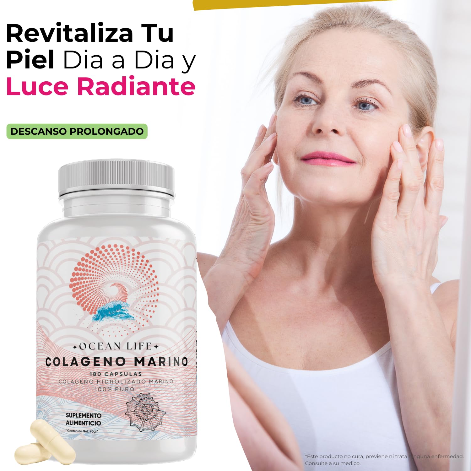 Colageno Marino Hidrolizado 100% Puro [Extremadamente Eficaz] 180 Capsulas 500mg (Potente Efecto Hidratante y Revitalizante) - Alta Absorcion - Eficaz Formulacion - OceanLife