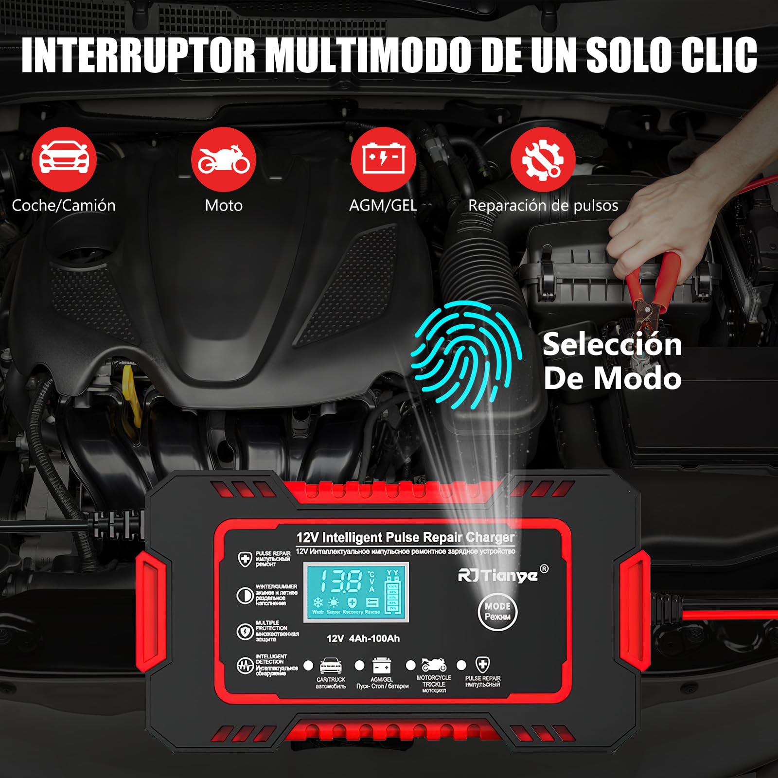Cargador de Bateria de Auto, con LCD Pantalla 12V 6A , Arrancador de Bateria Ajuste de Corriente Inteligente para Cargar y Proteger, cargar baterías GEL, AGM, WET, Aplica a Auto, Excavadoras