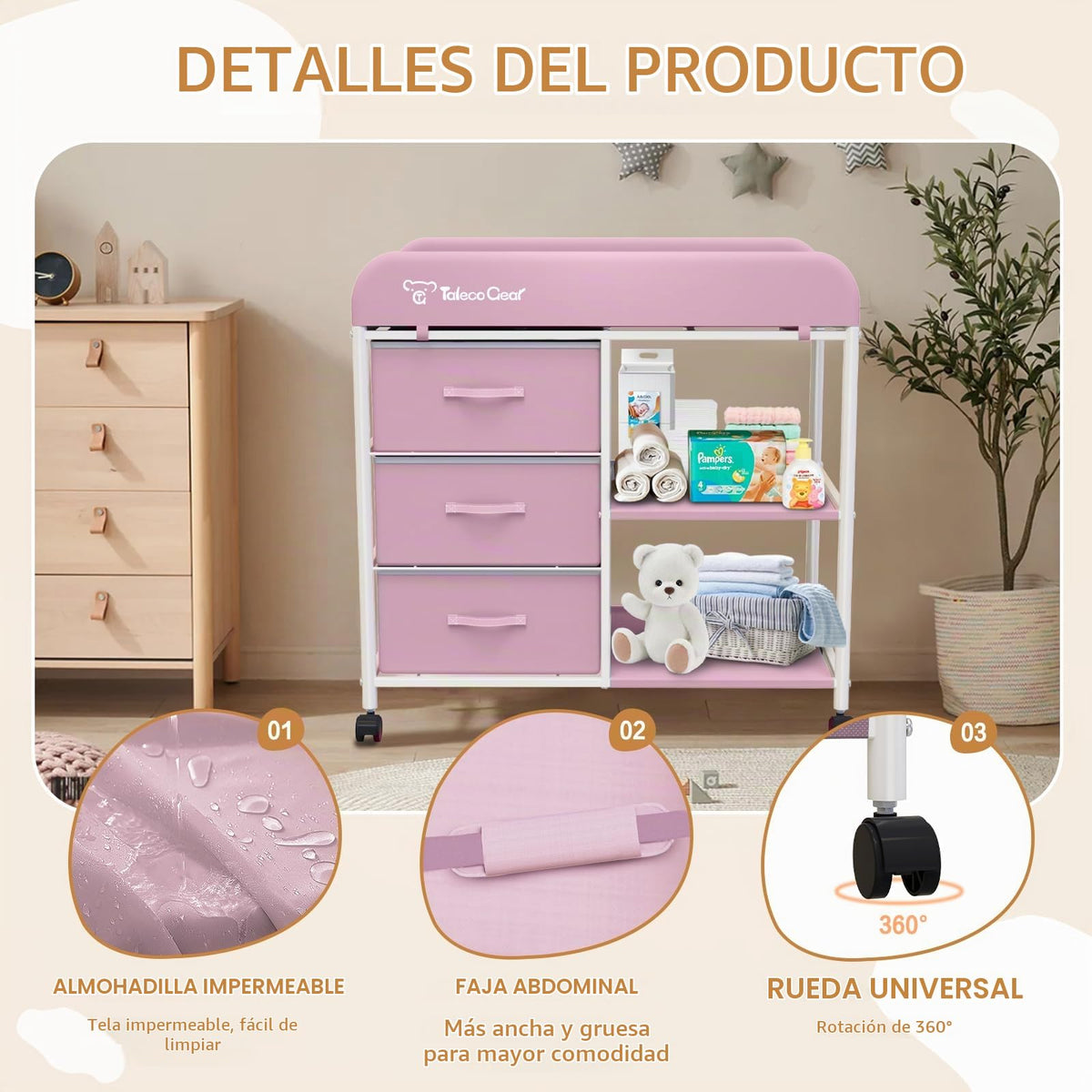 Mesa cambiadora para bebé, mesa cambiadora portátil, estación cambiadora de pañales con almohadilla impermeable, cómoda cambiadora con 3 cestas de almacenamiento, organizador móvil de guardería para