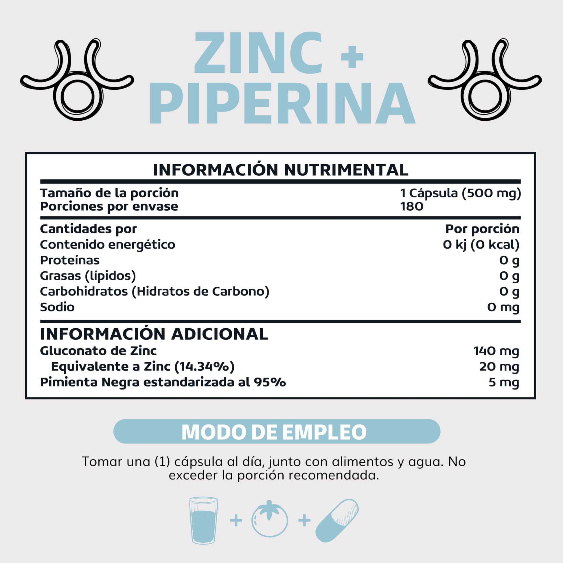 Beyond Vitamins | Zinc 20mg (Gluconato de Zinc) Potenciado con Piperina Estandarizada al 95%, Apto para dietas Veganas, Premium (180 Cápsulas)