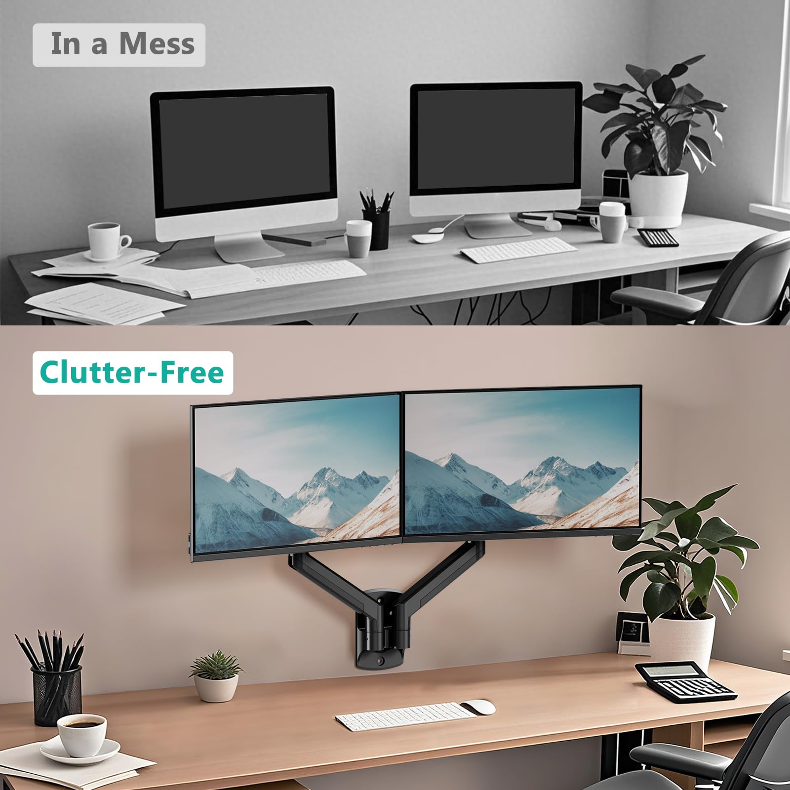Soporte para Monitor WALI Negro Totalmente Ajustable para Pared Doble de hasta 32 Pulgadas 10 kg con Brazo y Resorte de Gas
