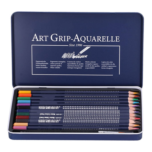 Lápices de Acuarela, Juego de Lápices de Colores Solubles en Agua, Lápices de Colores con Pintura de Troncos Triangulares Gruesos con Caja de Hierro(12 colores)