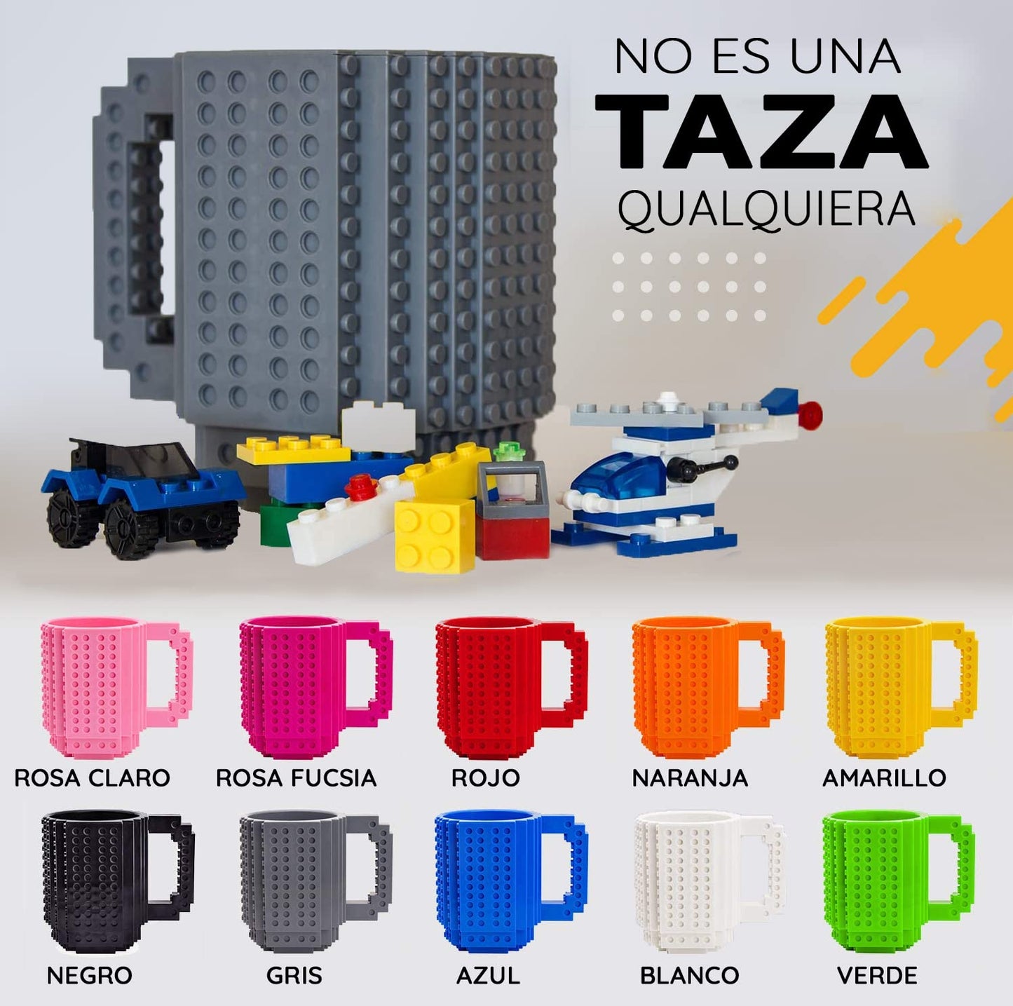 John & John Taza armable de diseño Divertido para Ladrillos, Incluye un muñeco y 2 Sets de Bloques de construcción para Jugar (10 Colores) - Gris