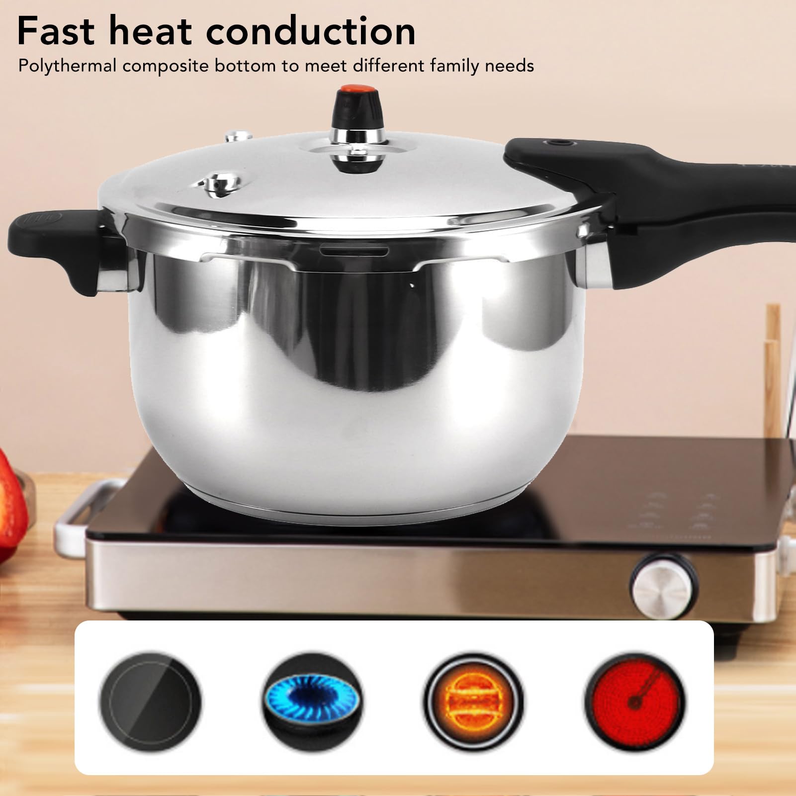 Fockety Olla a Presión de Acero Inoxidable, 16L-2L, Mando Mecánico, Base Compatible con Inducción, Tapa con Cierre de Bloqueo, Automático