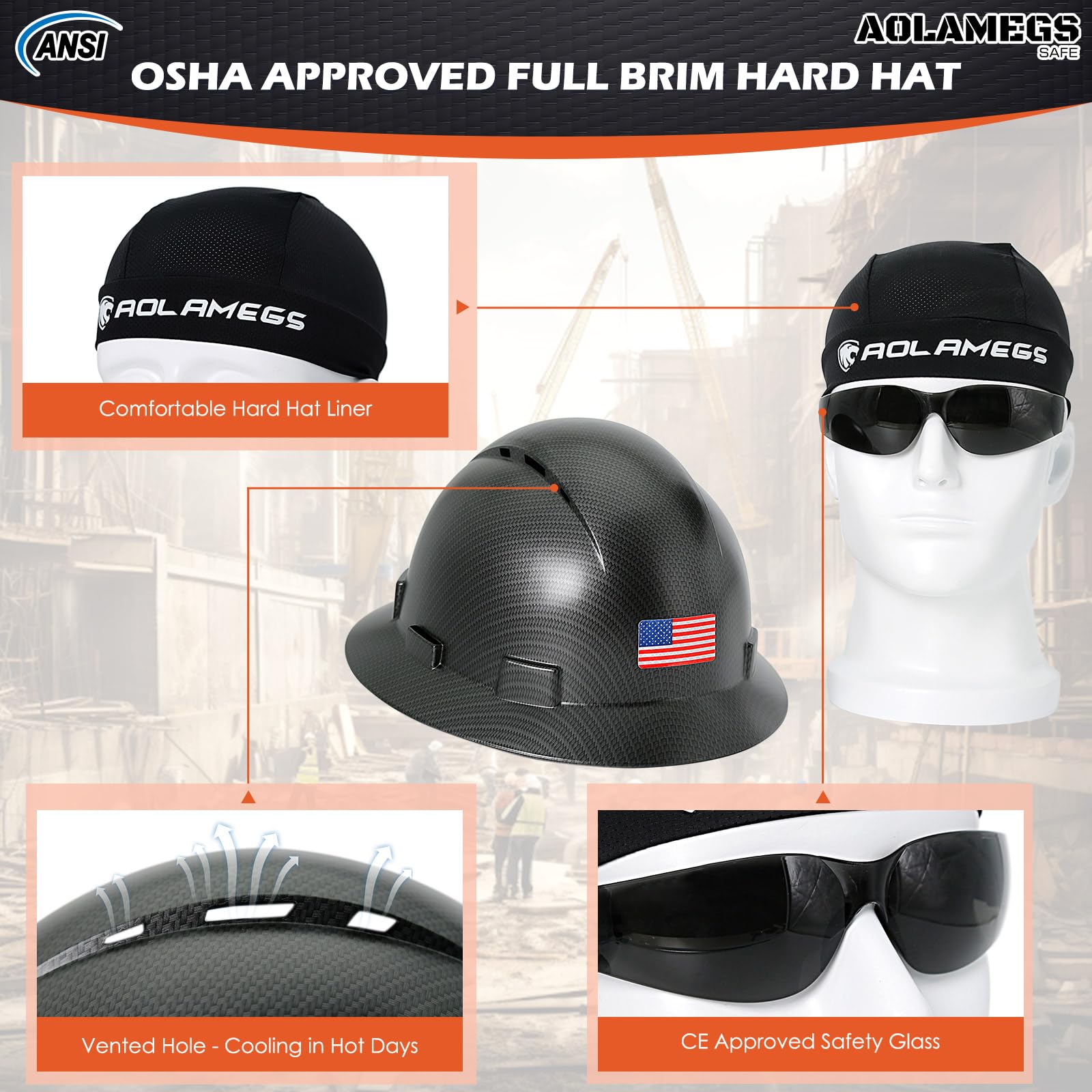 Casco de ala completa de fibra de carbono negro mate con gafas de seguridad y forro para hombres y mujeres, OSHA para construcción, seguridad con correa de barbilla y visera solar, perfil bajo