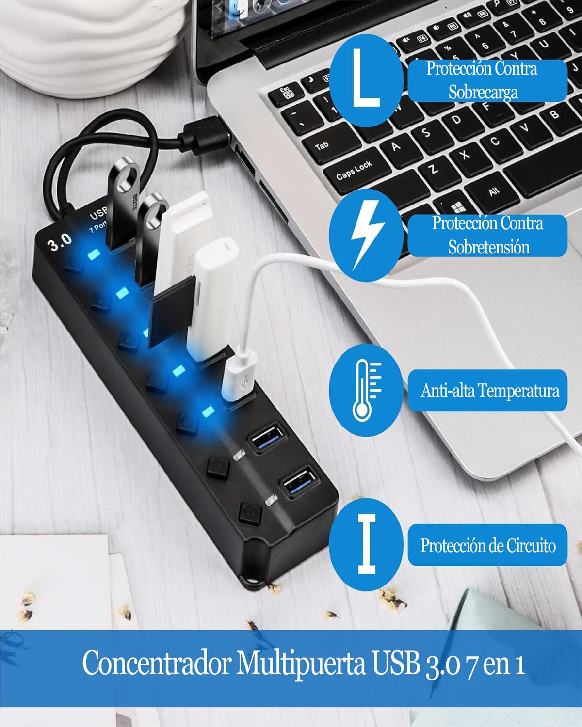 Hub USB 3.0, Multicontacto USB Splitter de 7 Puertos Independientes con LED e Interruptores, Conector Múltiple USB 3.0 5Gbps Adaptador de Aluminio 12V/2A para PC, Portátil, MacBook Pro/Air y Más
