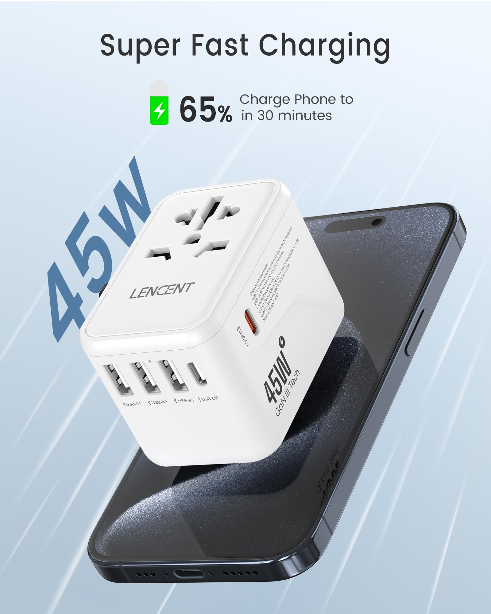 LENCENT Adaptador Universal de Viaje, GAN III 45W Adaptador Internacional con 3 USB y 2 USB-C Carga Rápida, Cargador Universal con Enchufe Tipo A/C/G/I para USA/Europa/UK/Australia/Argentina, Blanco