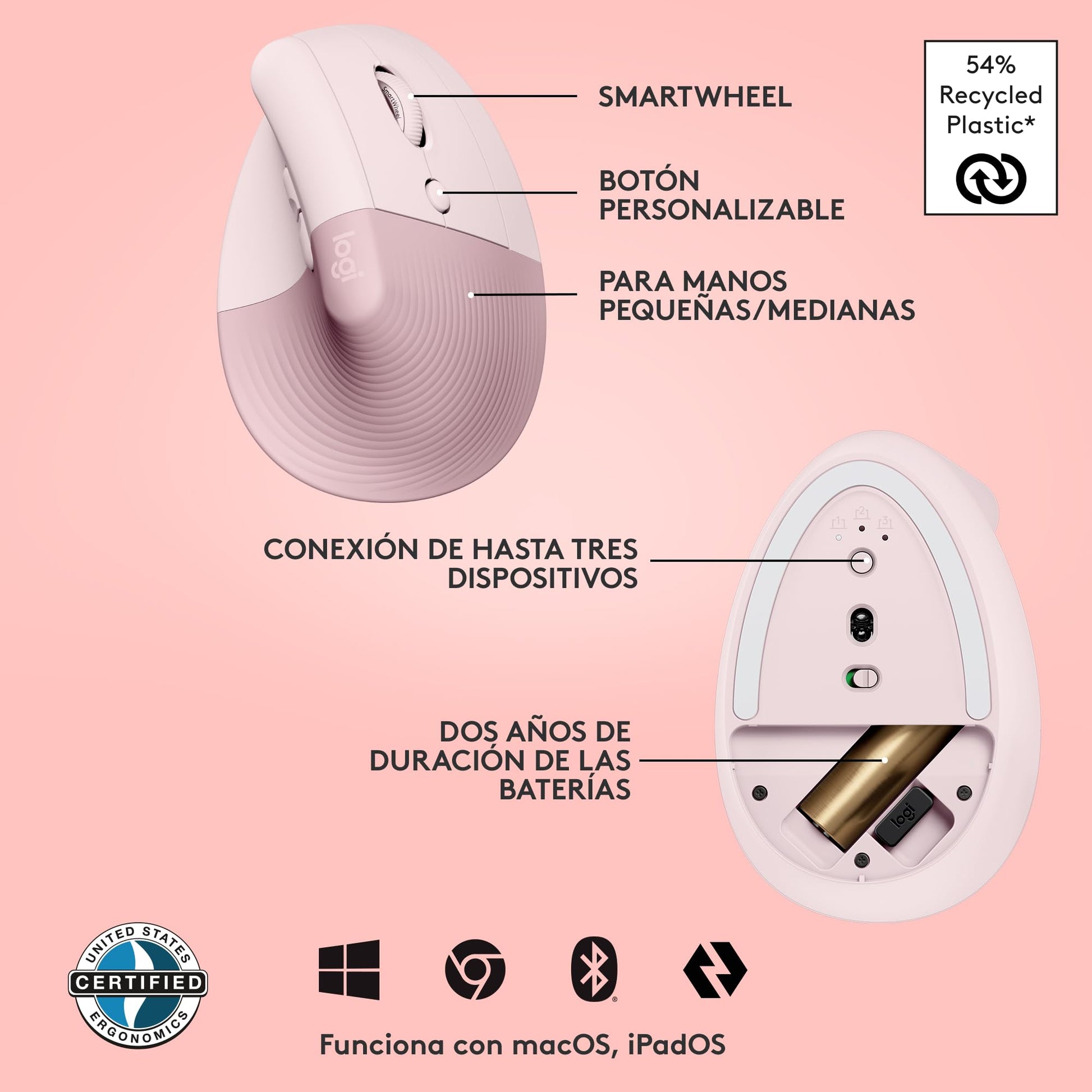 Logitech Lift Mouse Ergonómico Vertical, Inalámbrico, Bluetooth o Receptor Logi Bolt USB, clics Silenciosos, 4 Botones, Compatible con Windows/macOS/iPadOS, Laptop, PC - Rosa