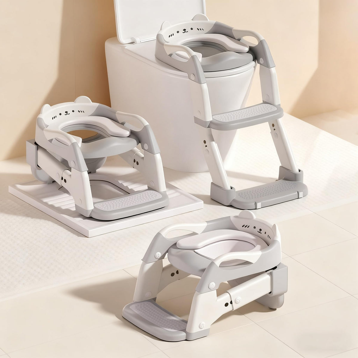 Asiento de entrenamiento para ir al baño, asiento de inodoro para niños y niñas, inodoro 3 en 1 con taburete de escalón, antideslizante plegable (gris + blanco)