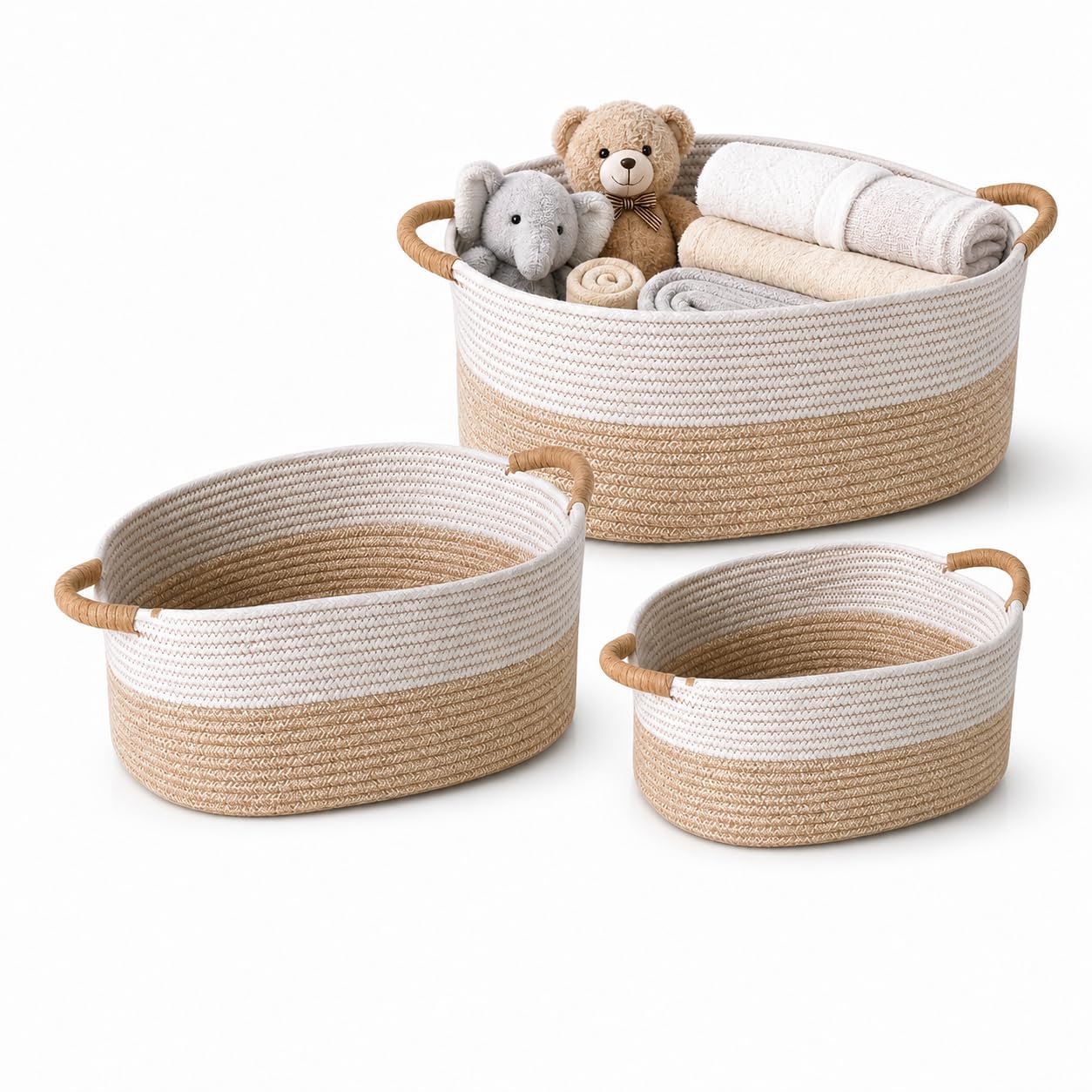 3 Canastas Organizadoras de Cuerda de Algodón Natural con Asas, Cestas Tejidas Multiusos para Ropa, Juguetes y Baño, Juego de 3 Tamaños, Decorativas para Dormitorio y Guardería (Caqui y Blanco)