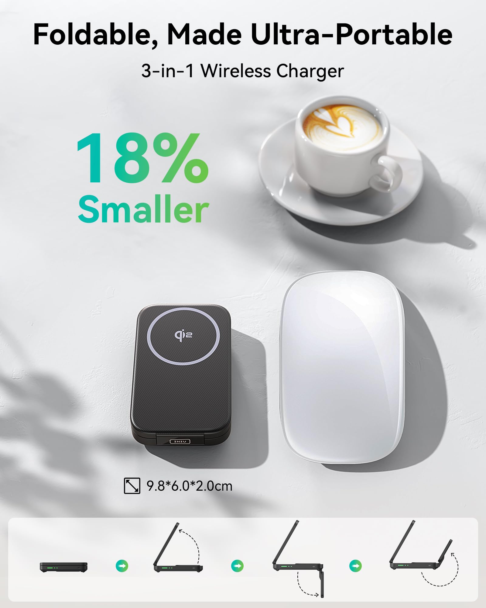 INIU 3 en 1 estación de Carga inalámbrica, Qi2 Certificado 15 W Cargador de Viaje para Apple múltiples Dispositivos, Soporte de Cargador Plegable para iPhone 16, 15, 14, 13 y 12 Series Apple Watch