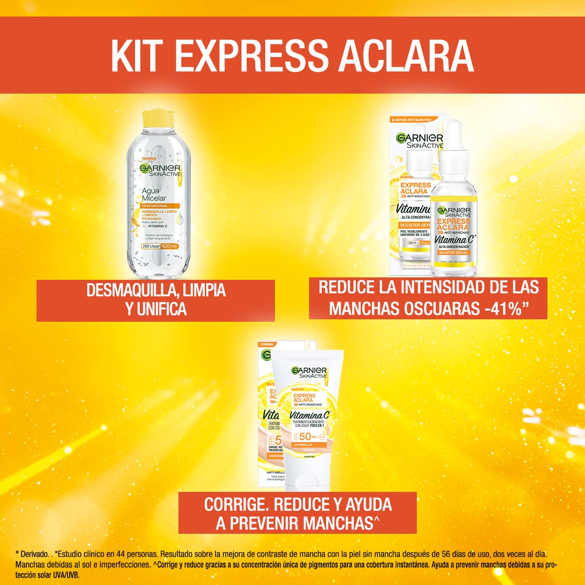 Garnier Skin Active Kit Express Aclara: Sérum, Todo en 1 Tono Claro y Micelar