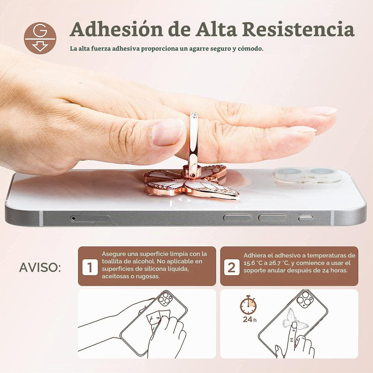 Soporte de Anillo de Cristal Esmaltado con Mariposa Giratoria 360° Para Teléfono Móvil