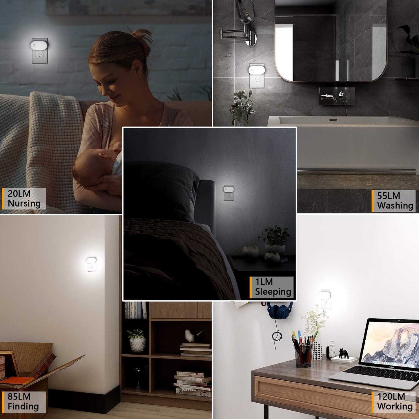 Lyridz - Luz nocturna enchufable con sensor de movimiento, 120 lm, luz nocturna LED inteligente, luz blanca fría con brillo ajustable continuo para baño, recámara, cocina, escaleras, pasillo, paquete