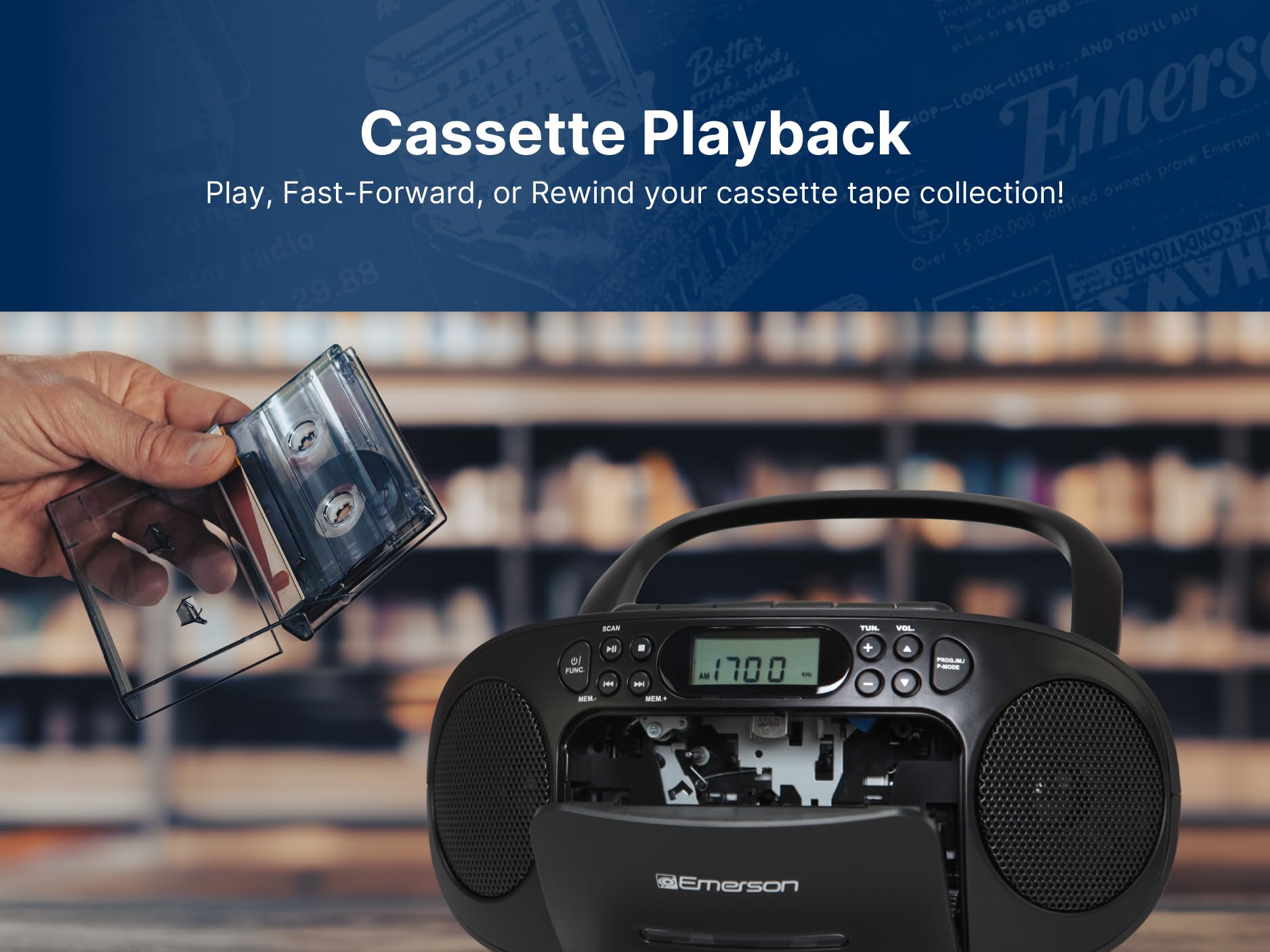 Reproductor de CD Emerson Negro con Cassette y Radio Am/FM Sistema Estéreo Portátil