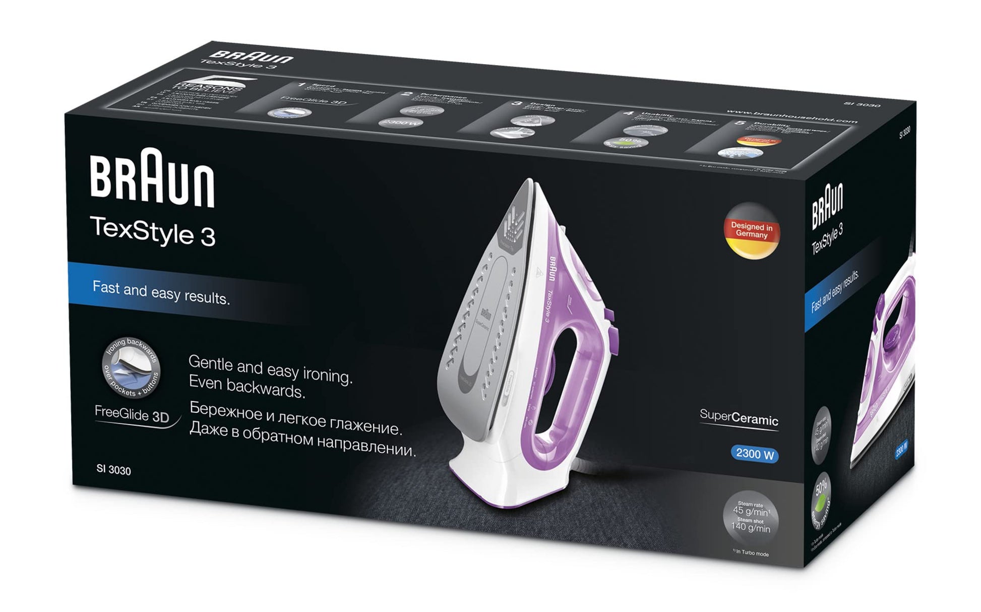 Braun TexStyle 3 SI 3030 PU - Plancha de vapor con suela FreeGlide 3D, función de autolimpieza, 2300 W, golpe de vapor 140 g/min, depósito de agua de 270 ml, color morado