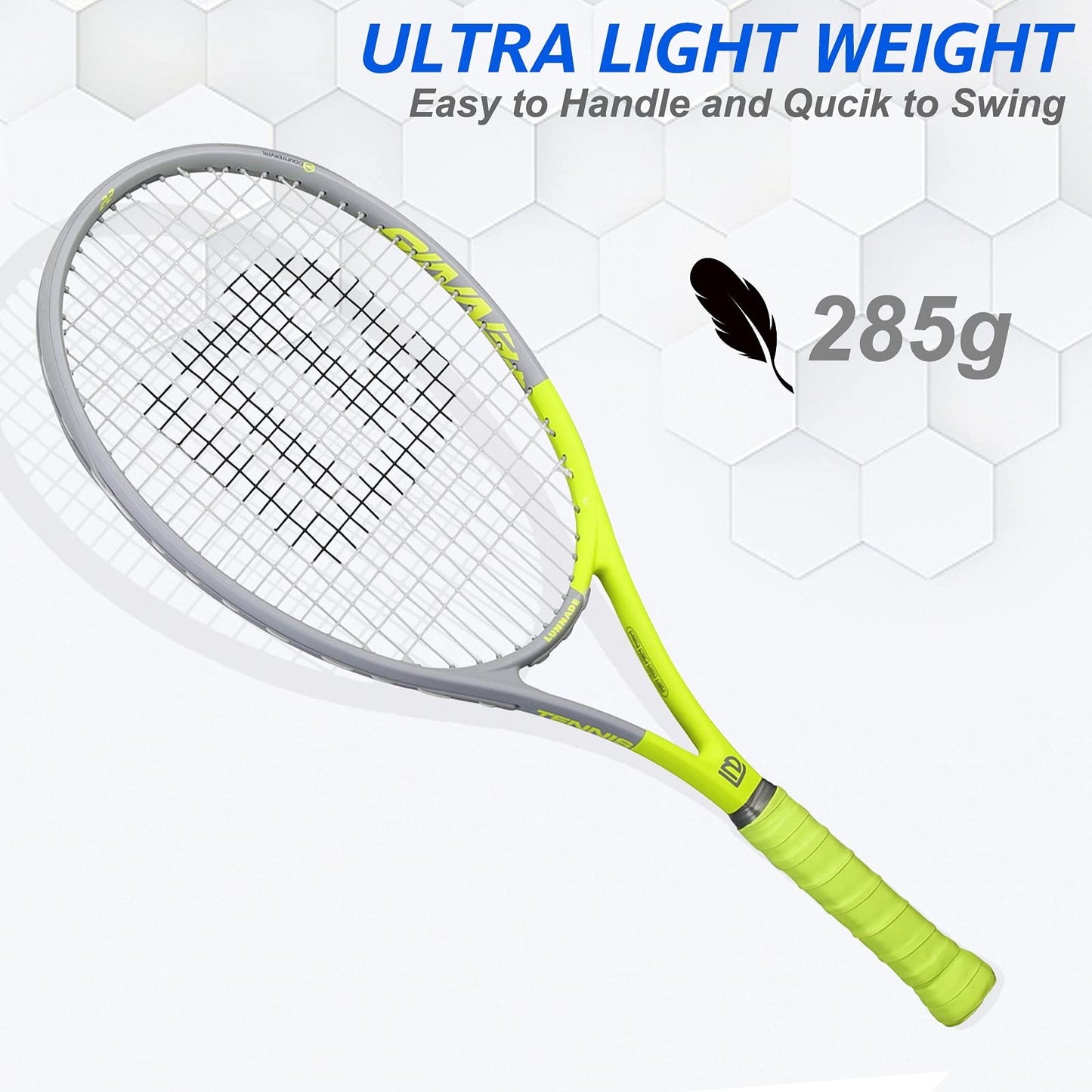 LUNNADE - Raqueta de tenis para adultos de 27 pulgadas, a prueba de golpes, de fibra de carbono, ligera, preencordada y regenerada, adecuada para principiantes a jugadores intermedios