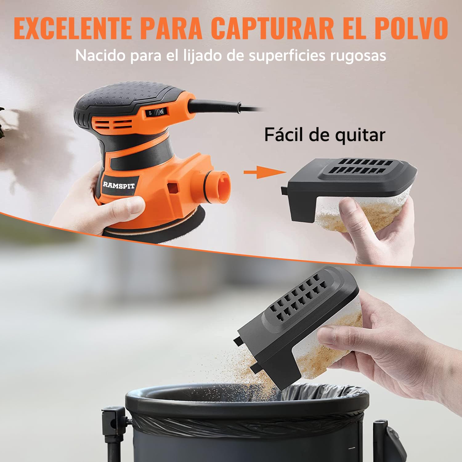 Lijadora Orbital Aleatoria RAMSPIT 2.8A 350W con Caja de Polvo Ciclónica y 15 Hojas de Lijado