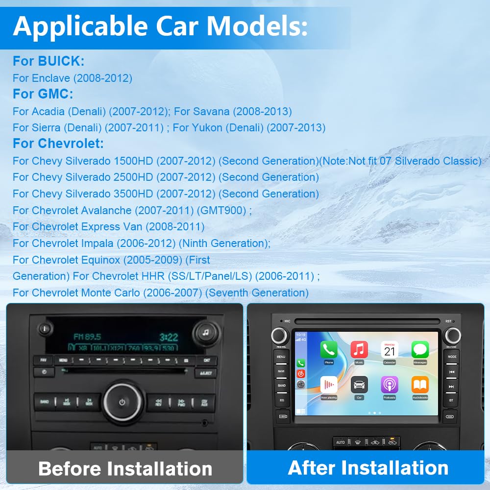 AWESAFE - Estéreo de coche para Chevrolet Silverado Tahoe GMC Sierra Yukon 2007-2013, Android 7 pulgadas visualización táctil Silverado Radio con CarPlay Android Auto Bluetooth GPS AM FM - Cámara