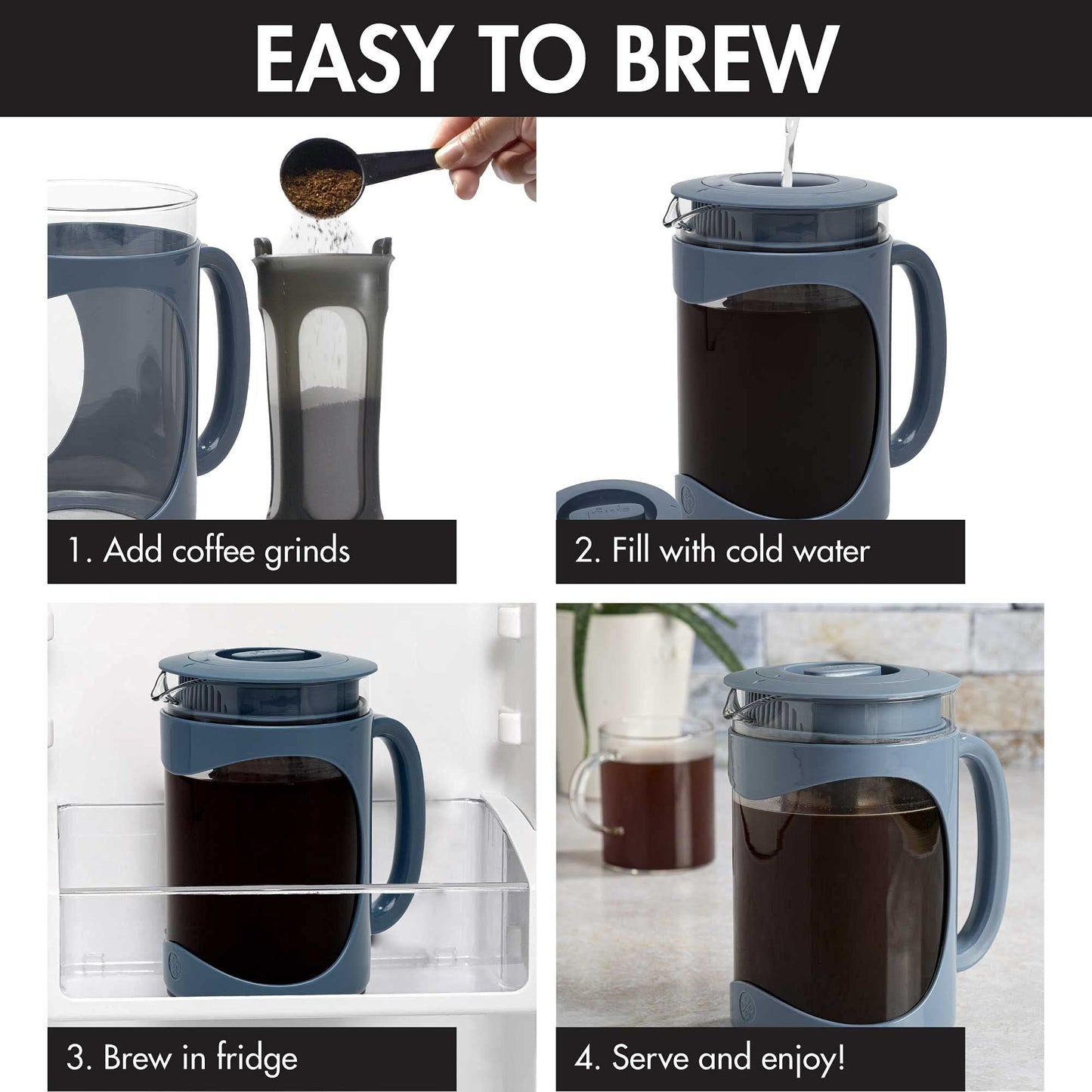 Cafetera Helada Primula Burke Azul con Mango de Agarre Cómodo y Jarra de Vidrio para 6 Tazas