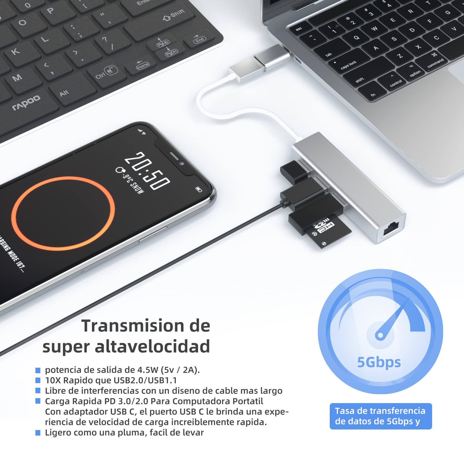 Adaptador USB Ethernet Qzgyoool con USB C y Hub 4 en 1 para PC y Mac