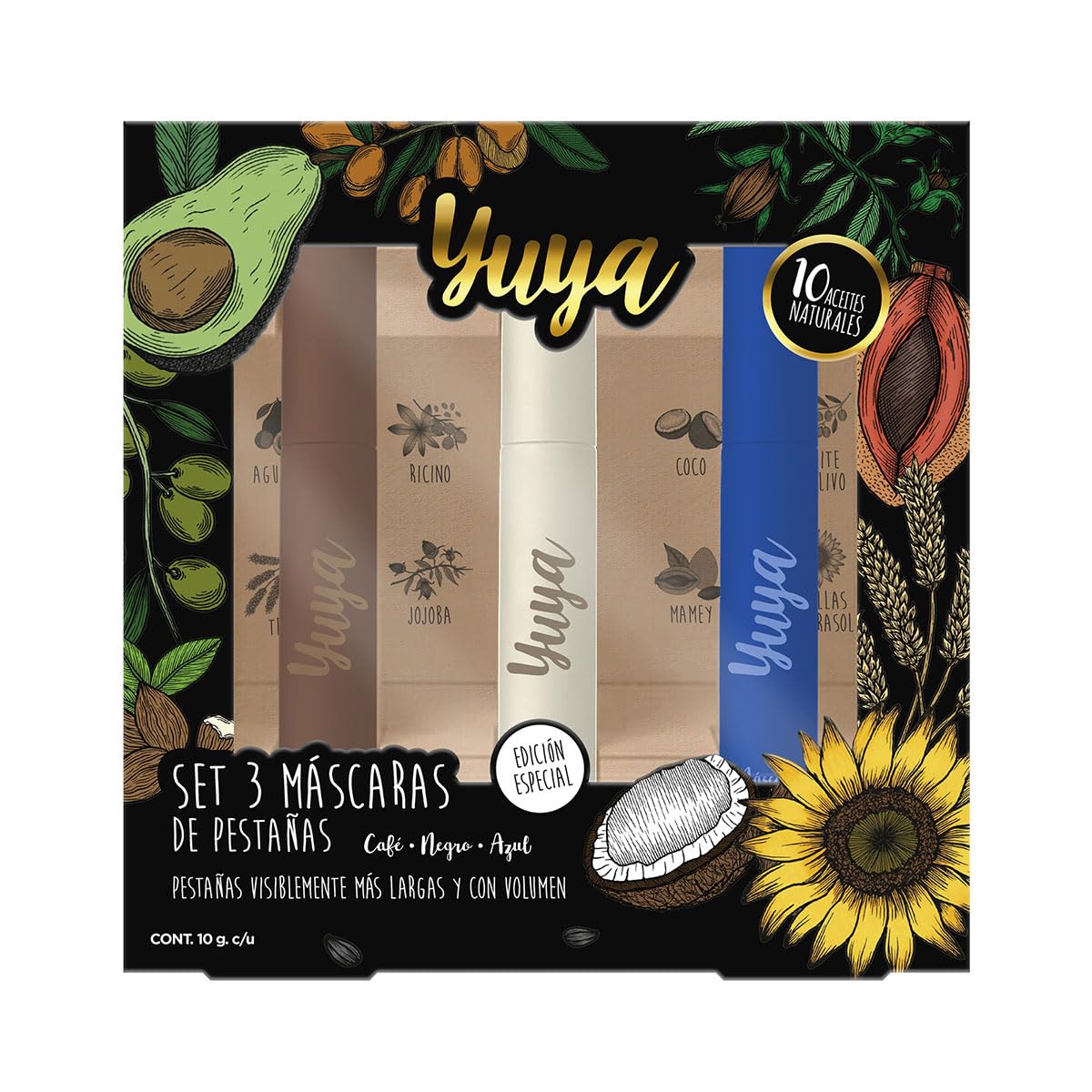 Yuya - Rimel - Mascara de pestañas - 10 aceites naturales - 10g c/u (Negra, Café, Azul, Pack Mascara 3 pzs)